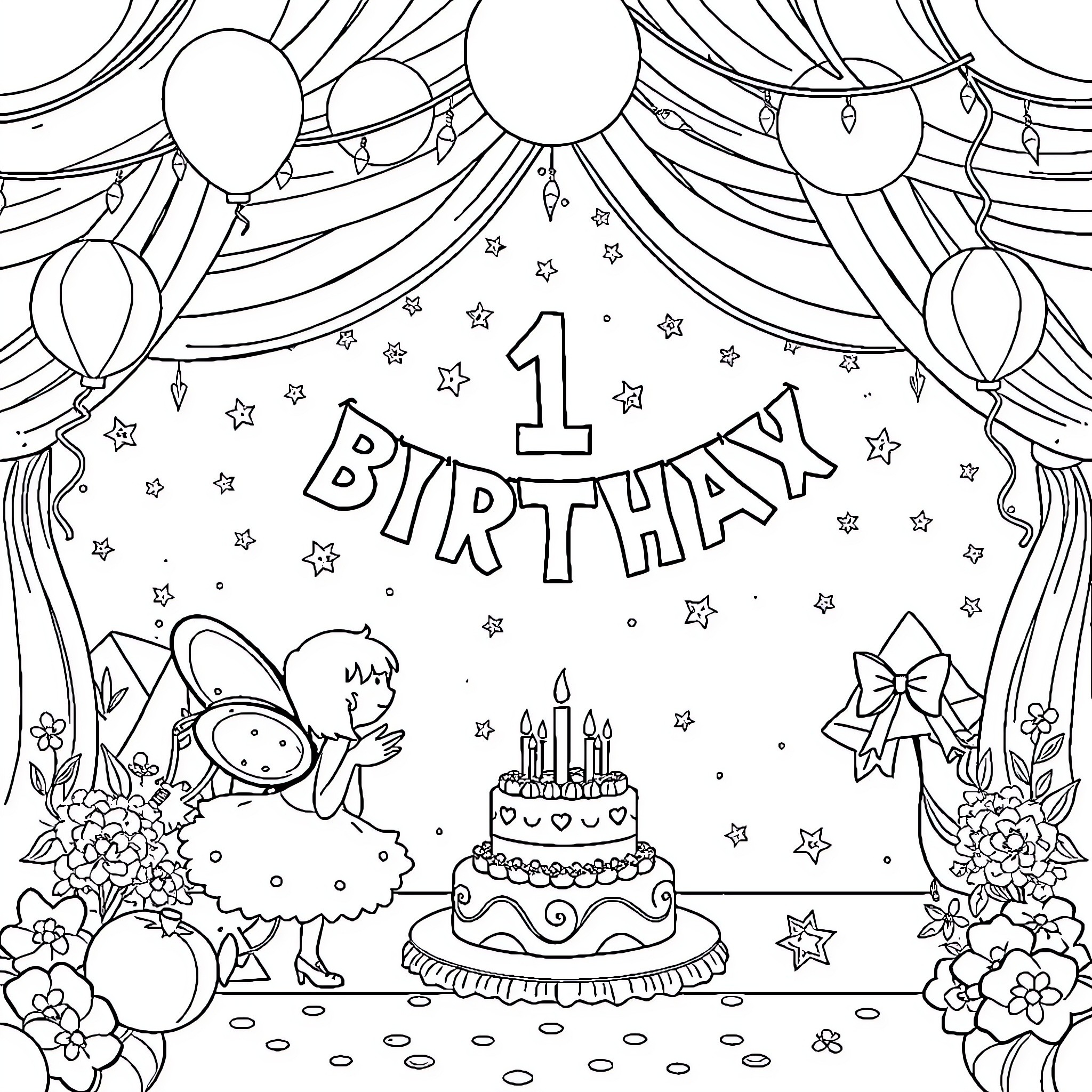 Fairy's First Birthday Celebration with Cake and Balloons Coloring Page (free black-and-white line drawing printable PDF for all, from beginners to advanced learners, including children, teens, adults, and seniors)