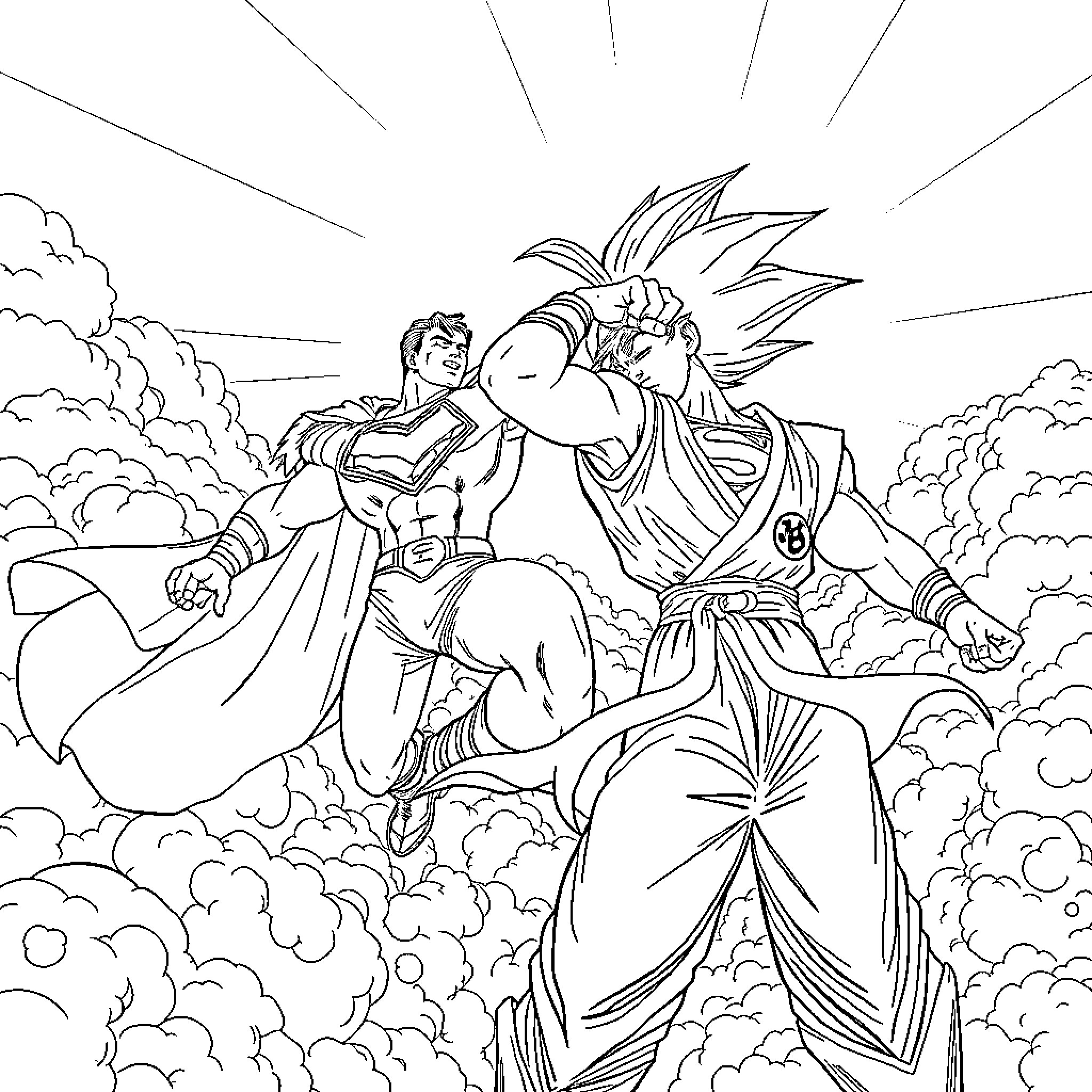 Superman and Goku facing off in epic battle Coloring Page (free black-and-white line drawing printable PDF for all, from beginners to advanced learners, including children, teens, adults, and seniors)