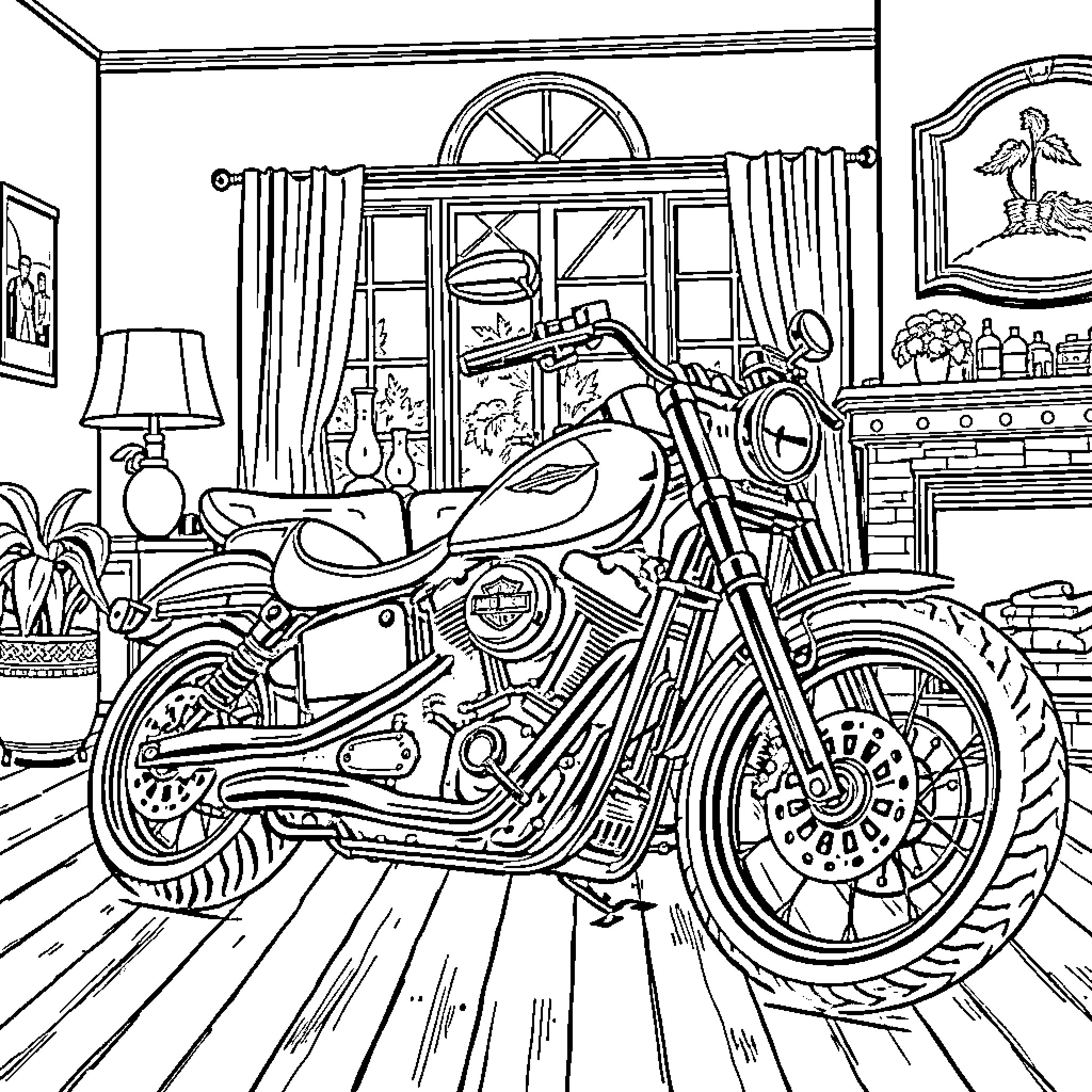 Harley Davidson motorcycle in a cozy indoor setting Coloring Page (free black-and-white line drawing printable PDF for all, from beginners to advanced learners, including children, teens, adults, and seniors)