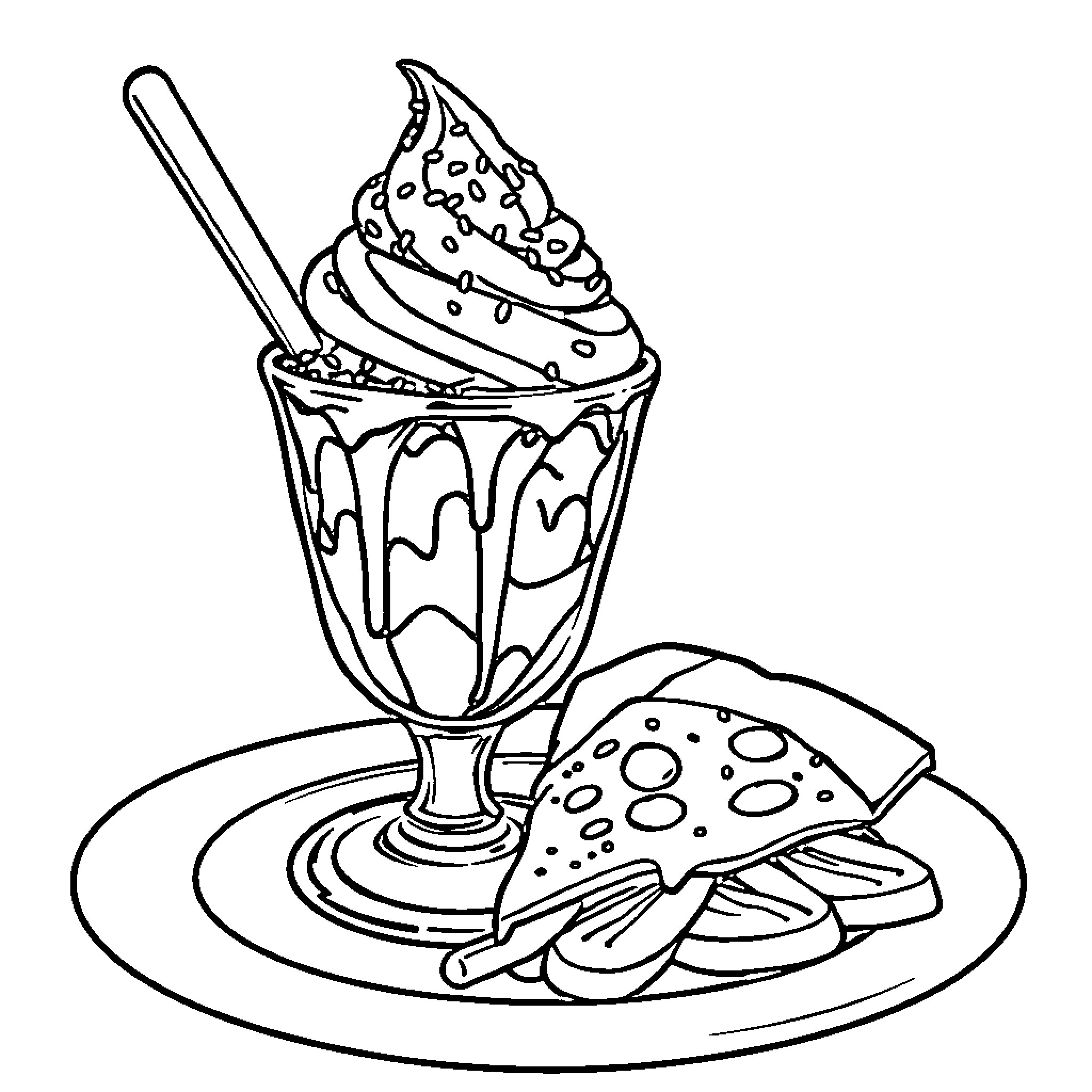 Ice Cream Sundae and Pizza Dessert Coloring Page (free black-and-white line drawing printable PDF for all, from beginners to advanced learners, including children, teens, adults, and seniors)