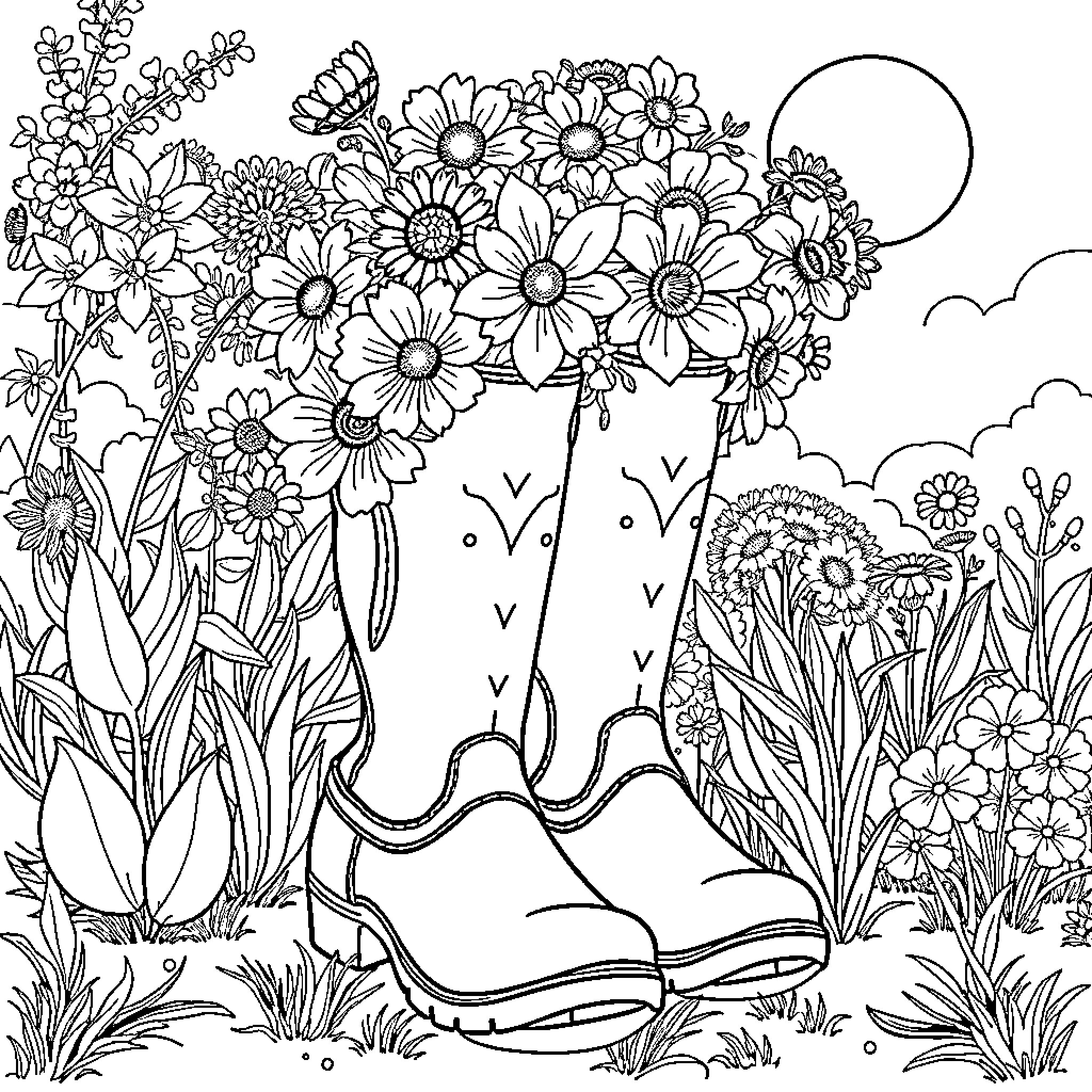 Boot Filled with Blooming Flowers Coloring Page (free black-and-white line drawing printable PDF for all, from beginners to advanced learners, including children, teens, adults, and seniors)