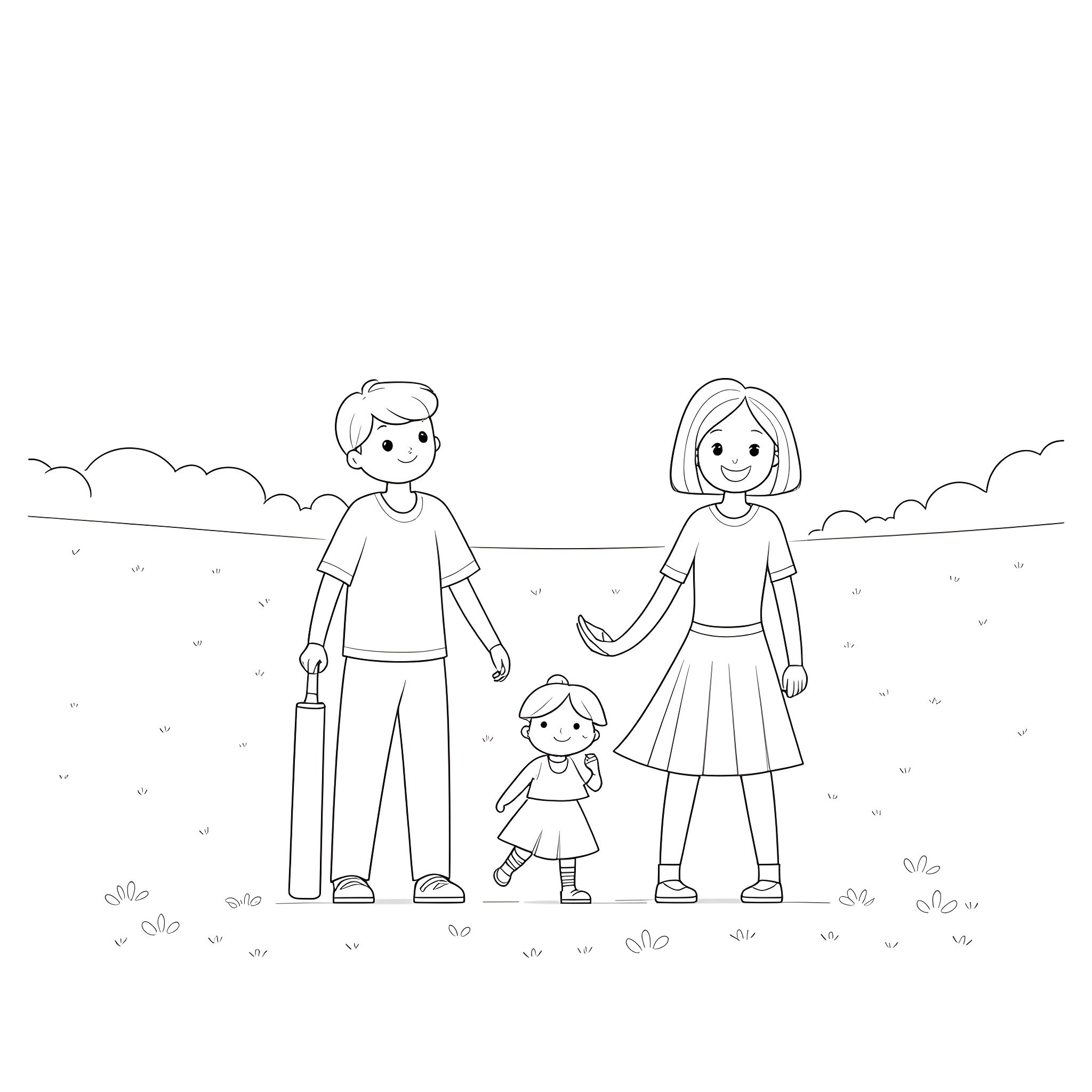 Bluey's family strolling in the park Coloring Page (free black-and-white line drawing printable PDF for all, from beginners to advanced learners, including children, teens, adults, and seniors)