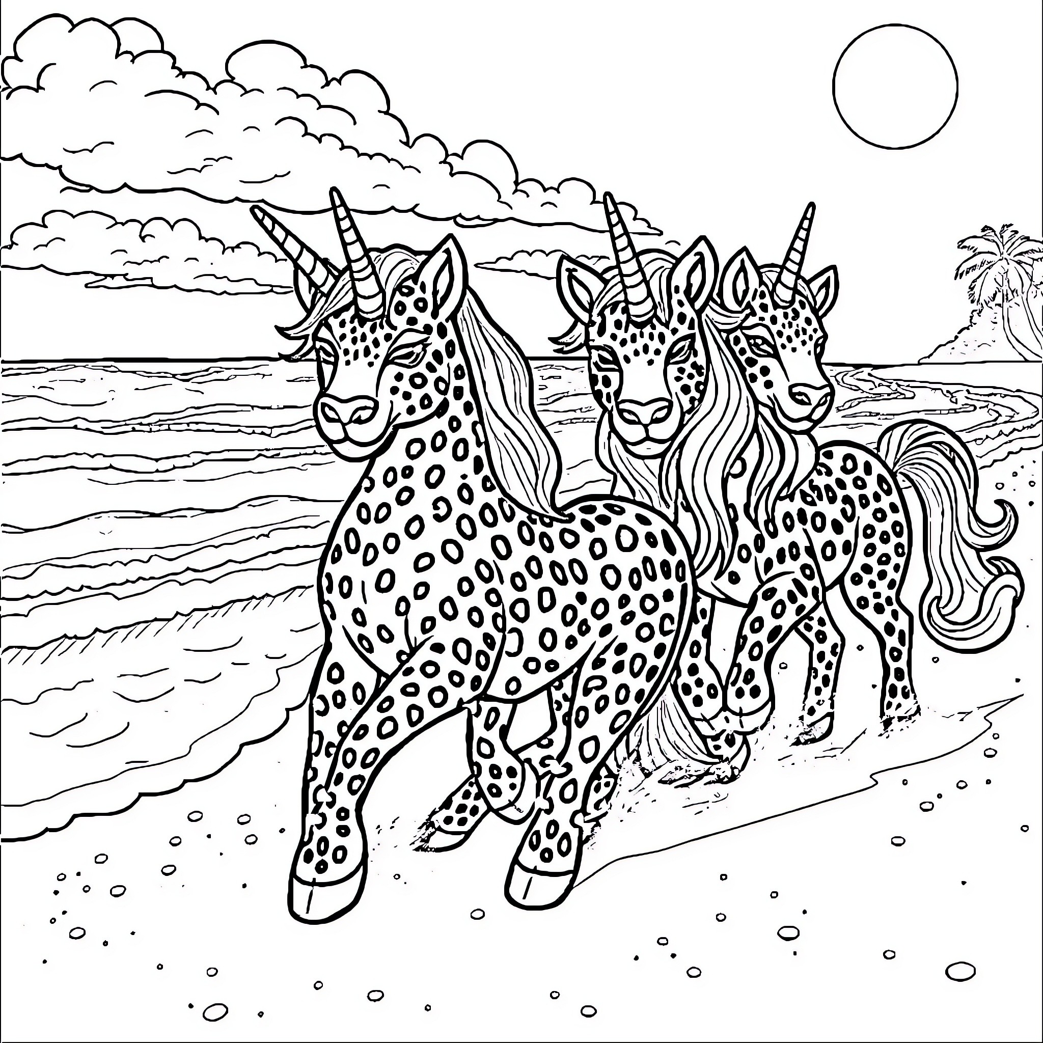 Unicorn herd enjoying a beachside outing Coloring Page (free black-and-white line drawing printable PDF for all, from beginners to advanced learners, including children, teens, adults, and seniors)