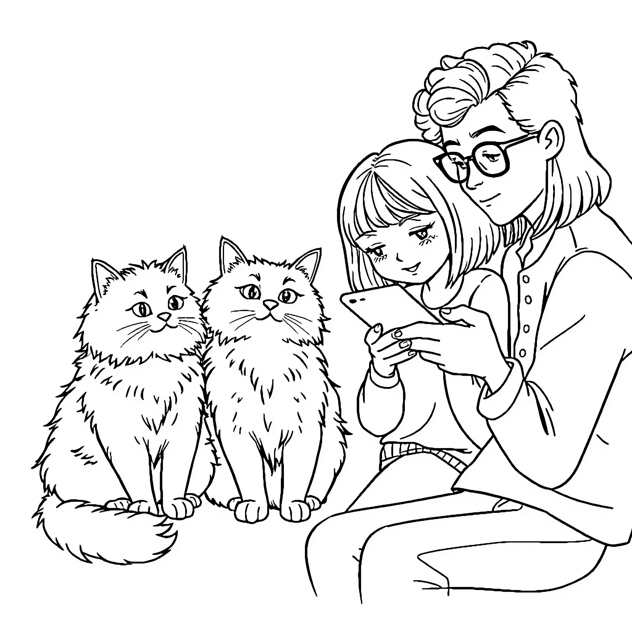 Cat siblings and their human friend Coloring Page (free black-and-white line drawing printable PDF for all, from beginners to advanced learners, including children, teens, adults, and seniors)