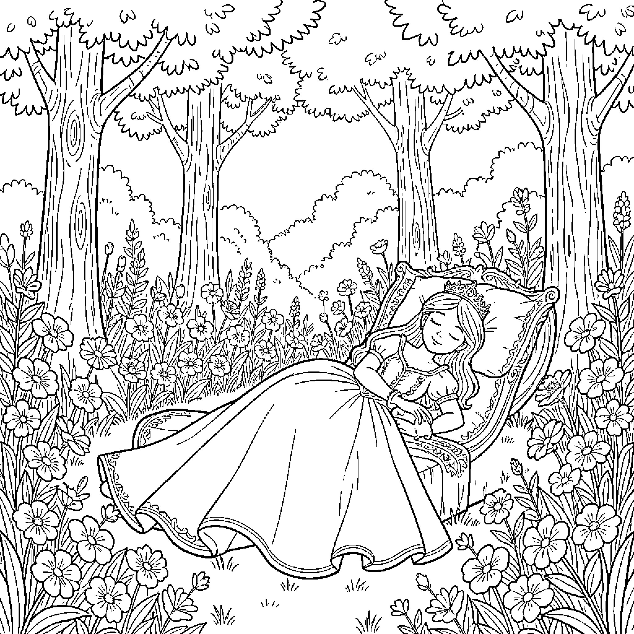 Sleeping Beauty resting peacefully in a flower meadow Coloring Page (free black-and-white line drawing printable PDF for all, from beginners to advanced learners, including children, teens, adults, and seniors)