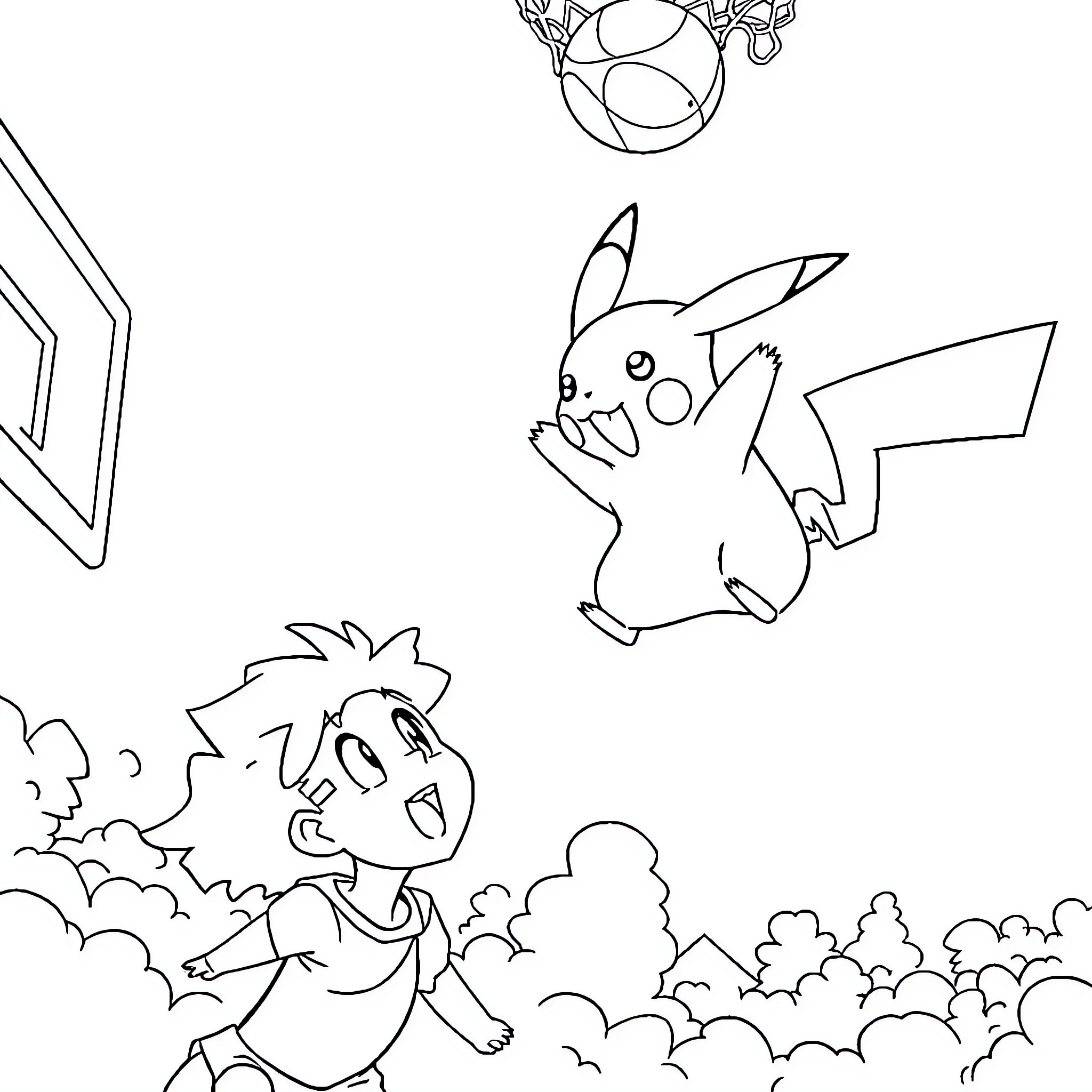 Pikachu playing and running in the field Coloring Page (free black-and-white line drawing printable PDF for all, from beginners to advanced learners, including children, teens, adults, and seniors)