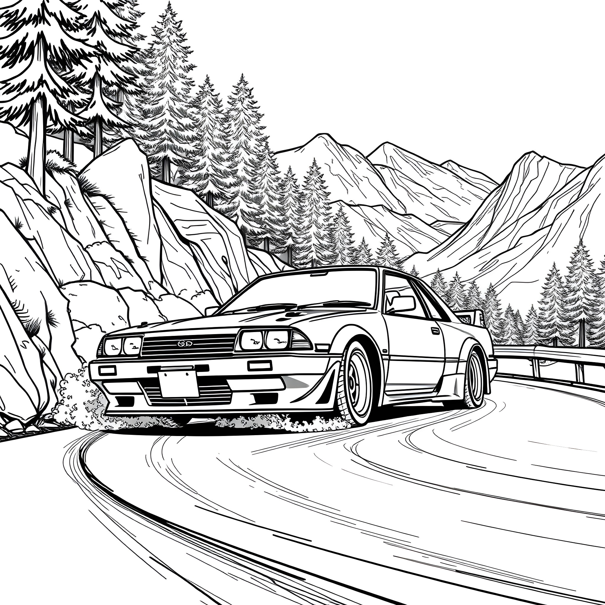 Nissan Skyline speeding on mountain road Coloring Page (free black-and-white line drawing printable PDF for all, from beginners to advanced learners, including children, teens, adults, and seniors)