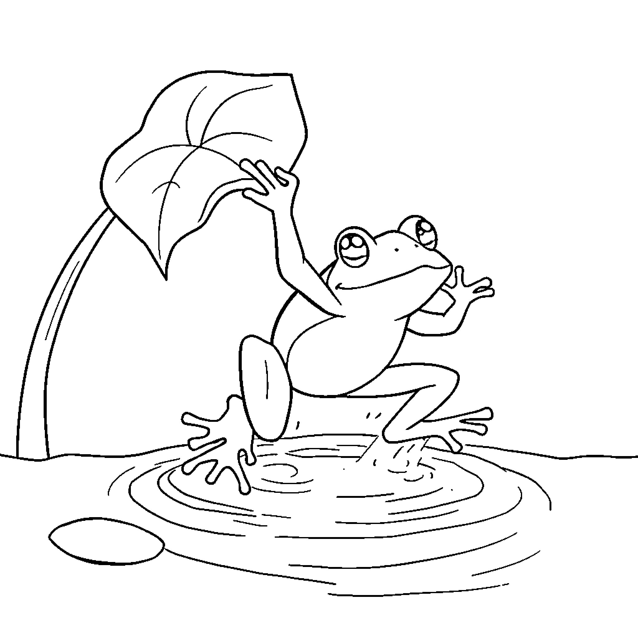Frog relaxing in a pond Coloring Page (free black-and-white line drawing printable PDF for all, from beginners to advanced learners, including children, teens, adults, and seniors)