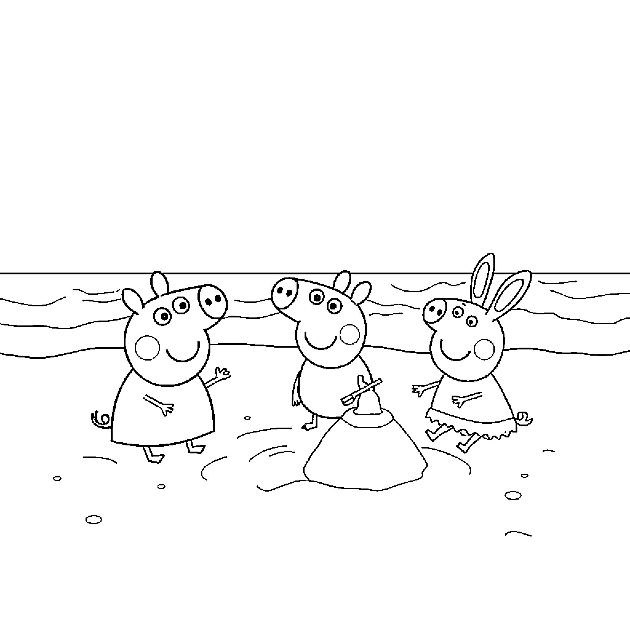 Peppa Pig and friends having a fun adventure Coloring Page (free black-and-white line drawing printable PDF for all, from beginners to advanced learners, including children, teens, adults, and seniors)