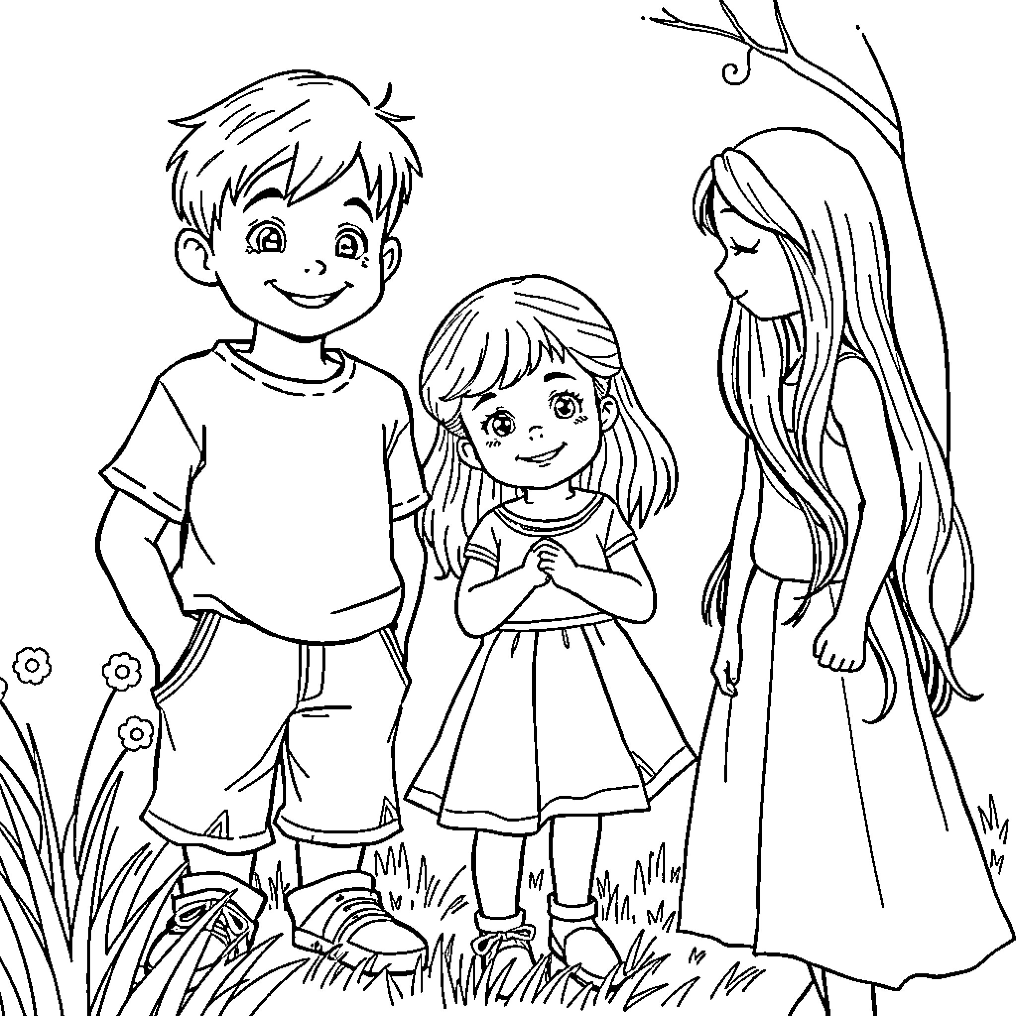 Child siblings playing outdoors Coloring Page (free black-and-white line drawing printable PDF for all, from beginners to advanced learners, including children, teens, adults, and seniors)