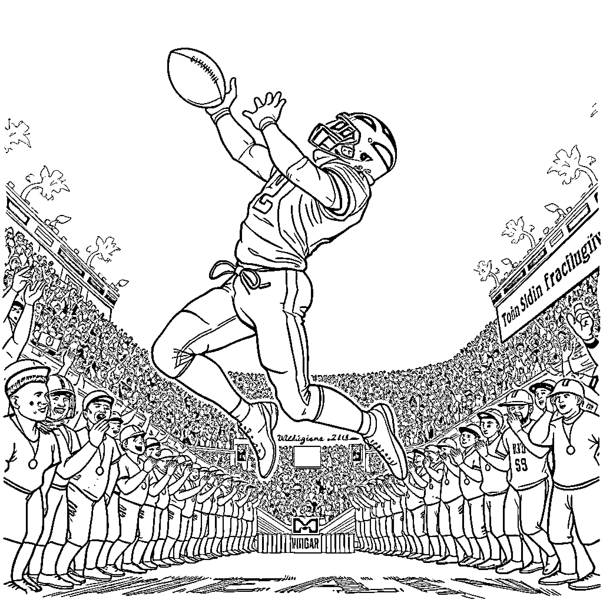 Wolverine player jumping to catch the football Coloring Page (free black-and-white line drawing printable PDF for all, from beginners to advanced learners, including children, teens, adults, and seniors)