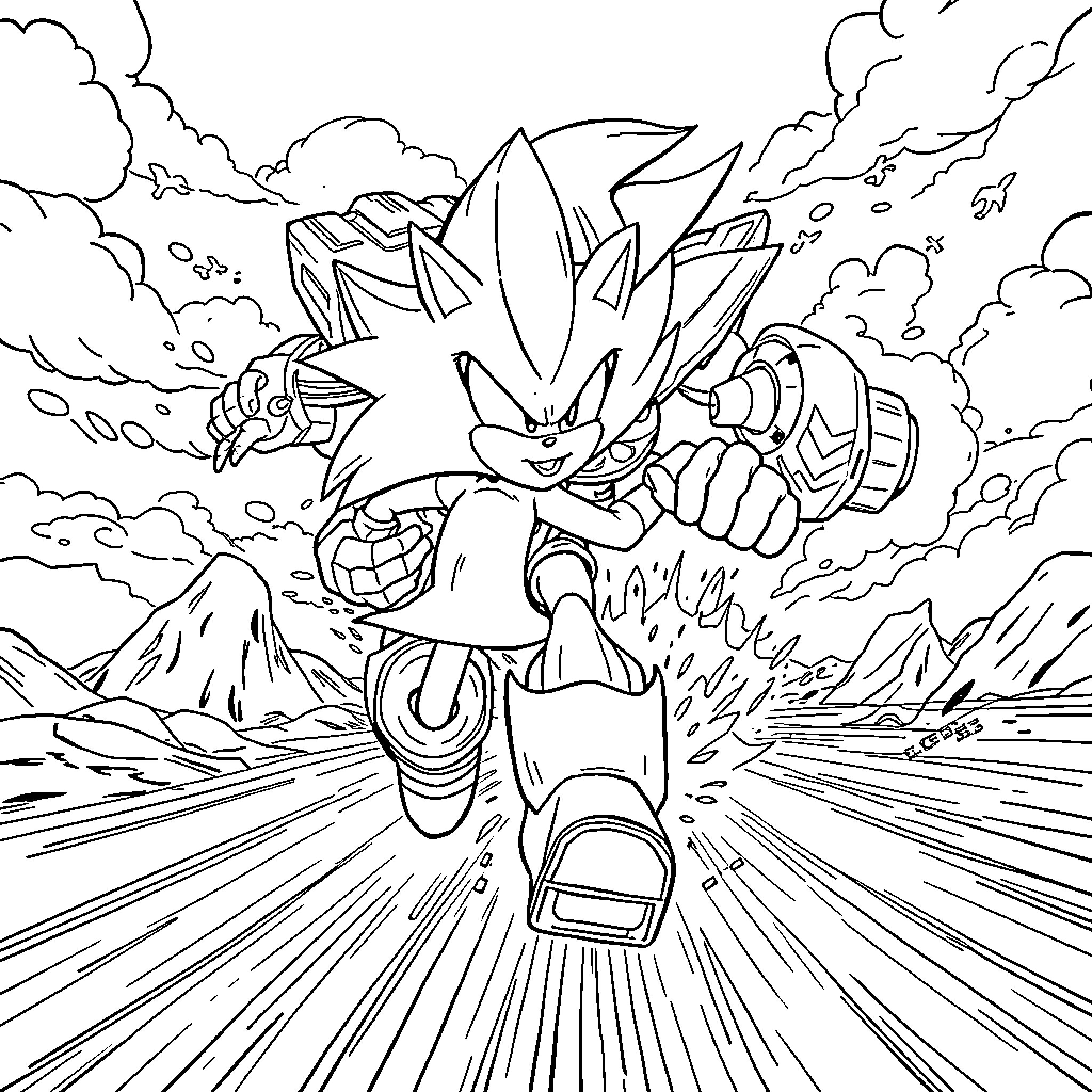 Sonic's Powerful Charge Through Dramatic Landscape Coloring Page (free black-and-white line drawing printable PDF for all, from beginners to advanced learners, including children, teens, adults, and seniors)