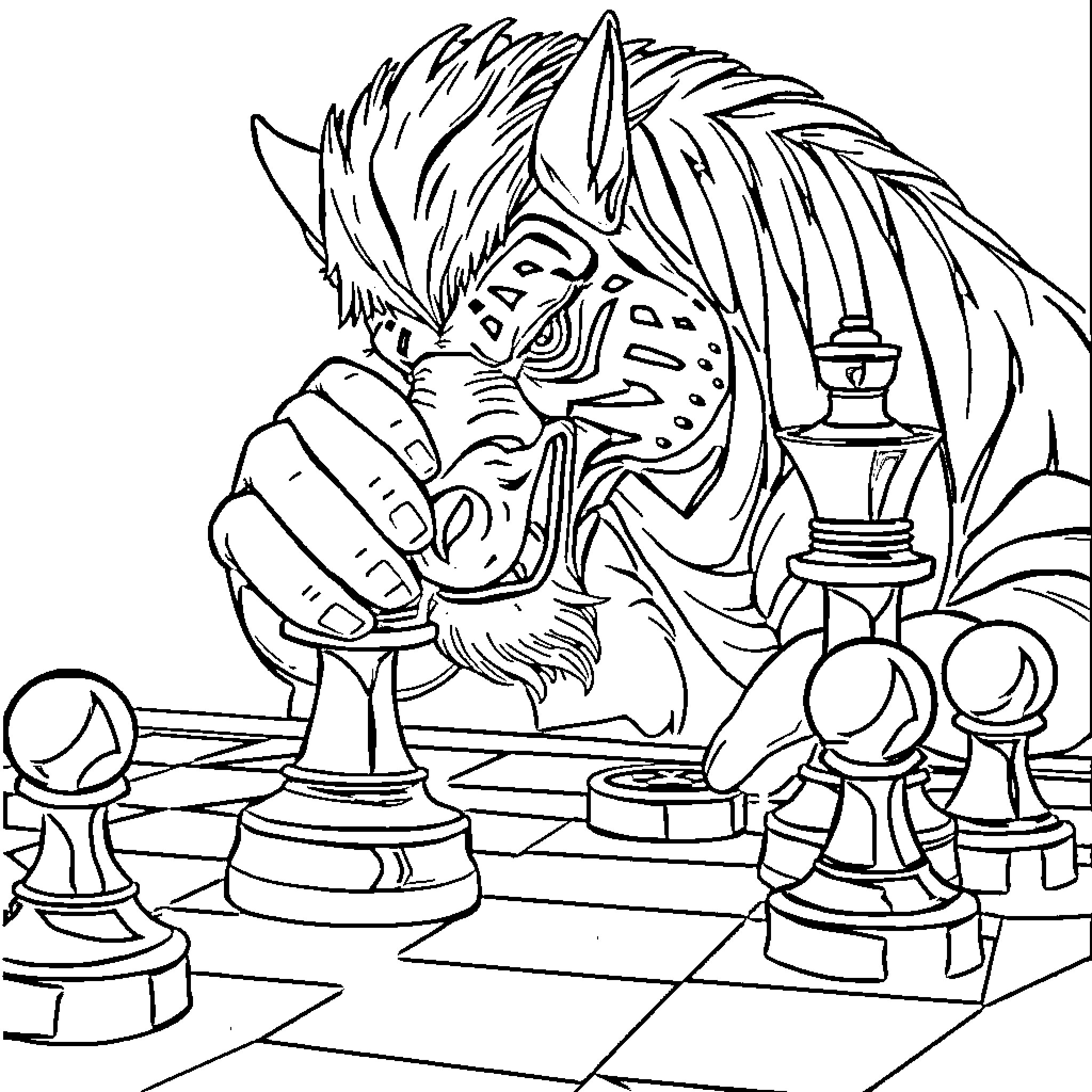 HUNTR/X Chess Strategist Contemplation Coloring Page (free black-and-white line drawing printable PDF for all, from beginners to advanced learners, including children, teens, adults, and seniors)