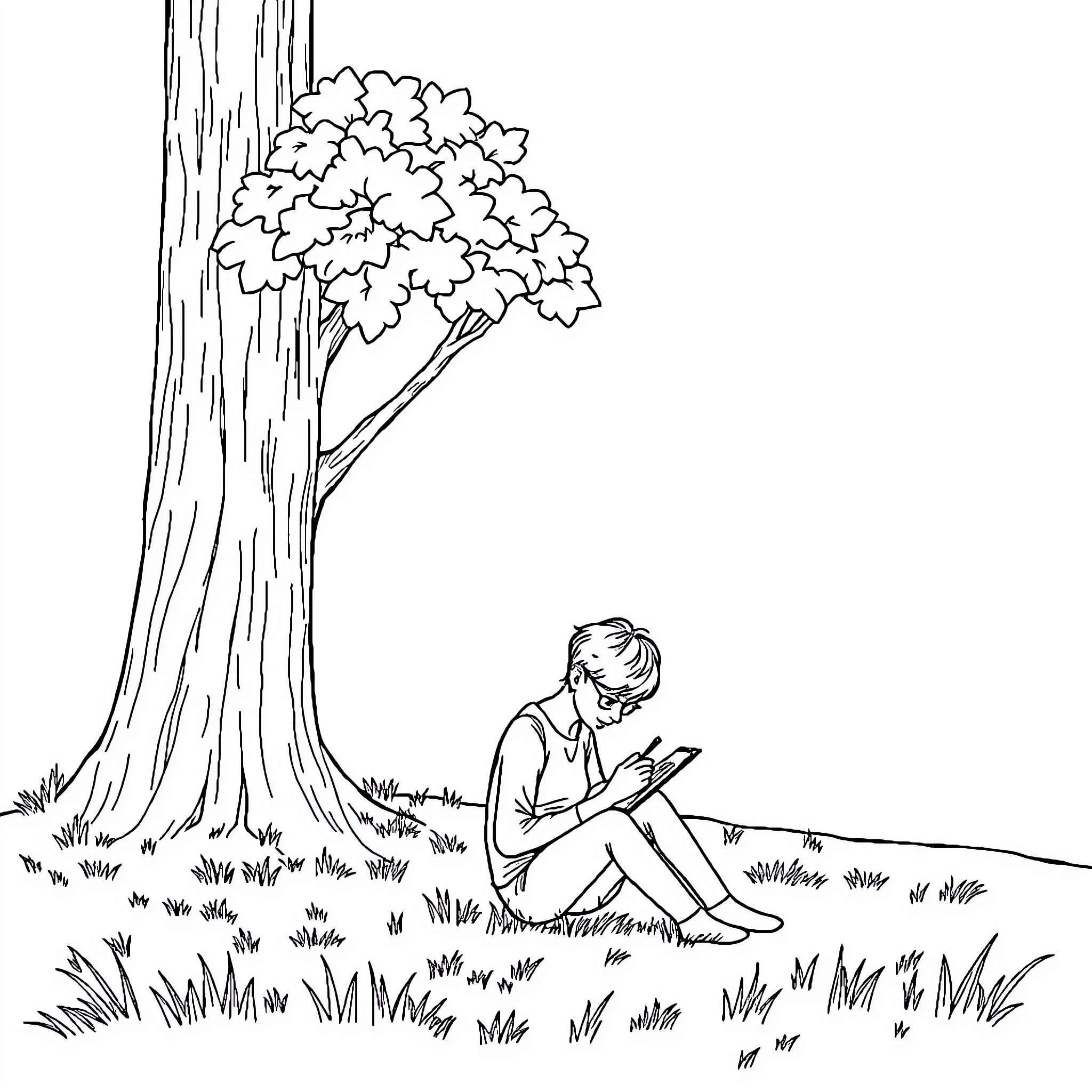 Person reading a book under a tree Coloring Page (free black-and-white line drawing printable PDF for all, from beginners to advanced learners, including children, teens, adults, and seniors)