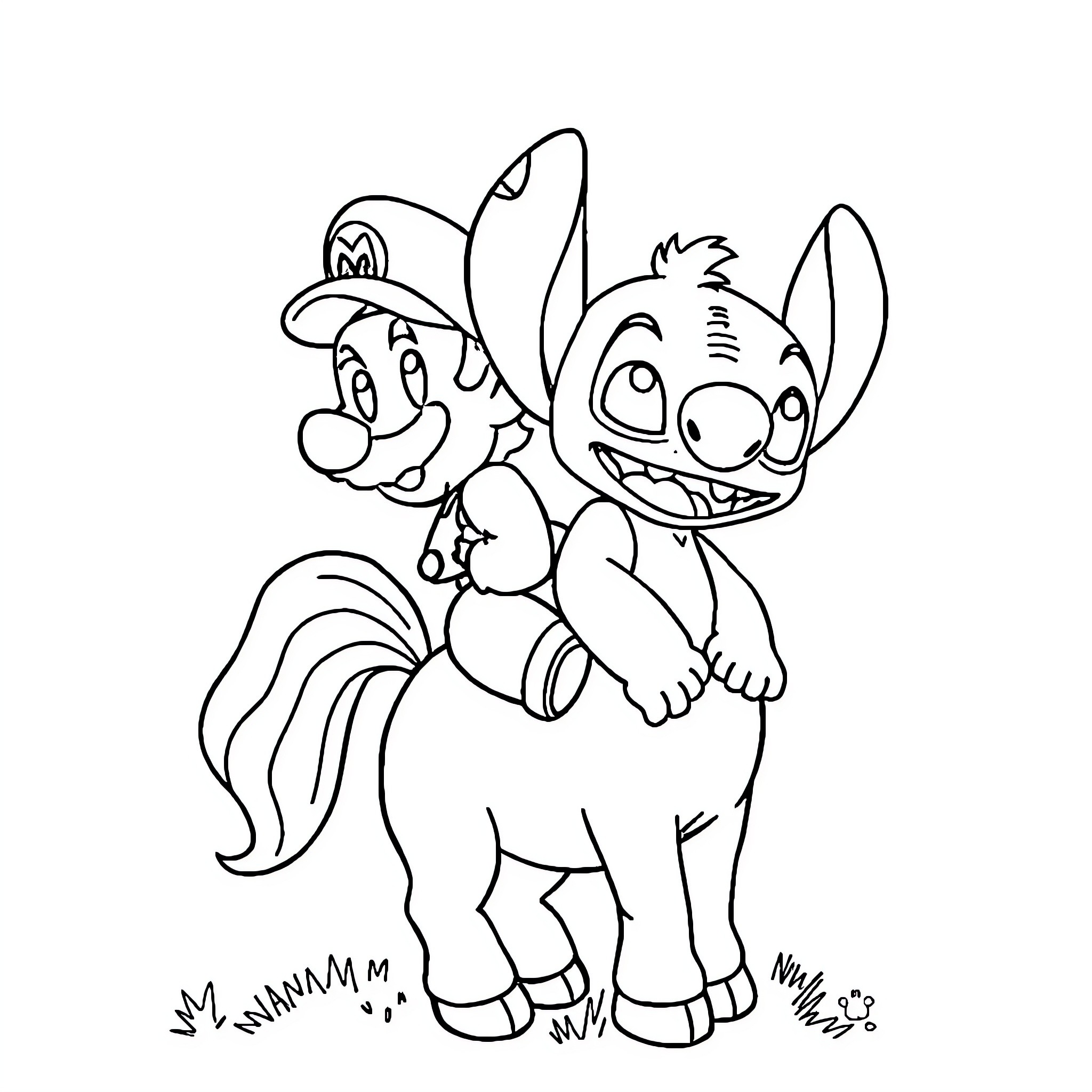 Stitch riding on the back of Mario Coloring Page (free black-and-white line drawing printable PDF for all, from beginners to advanced learners, including children, teens, adults, and seniors)