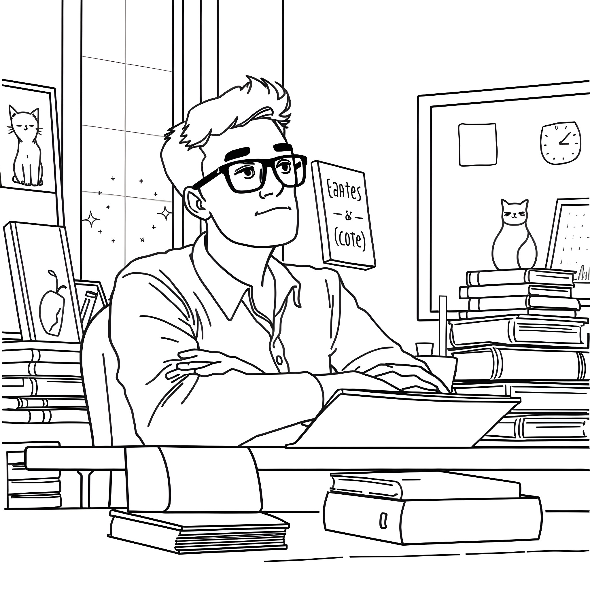 Teacher working diligently in classroom surrounded by books Coloring Page (free black-and-white line drawing printable PDF for all, from beginners to advanced learners, including children, teens, adults, and seniors)