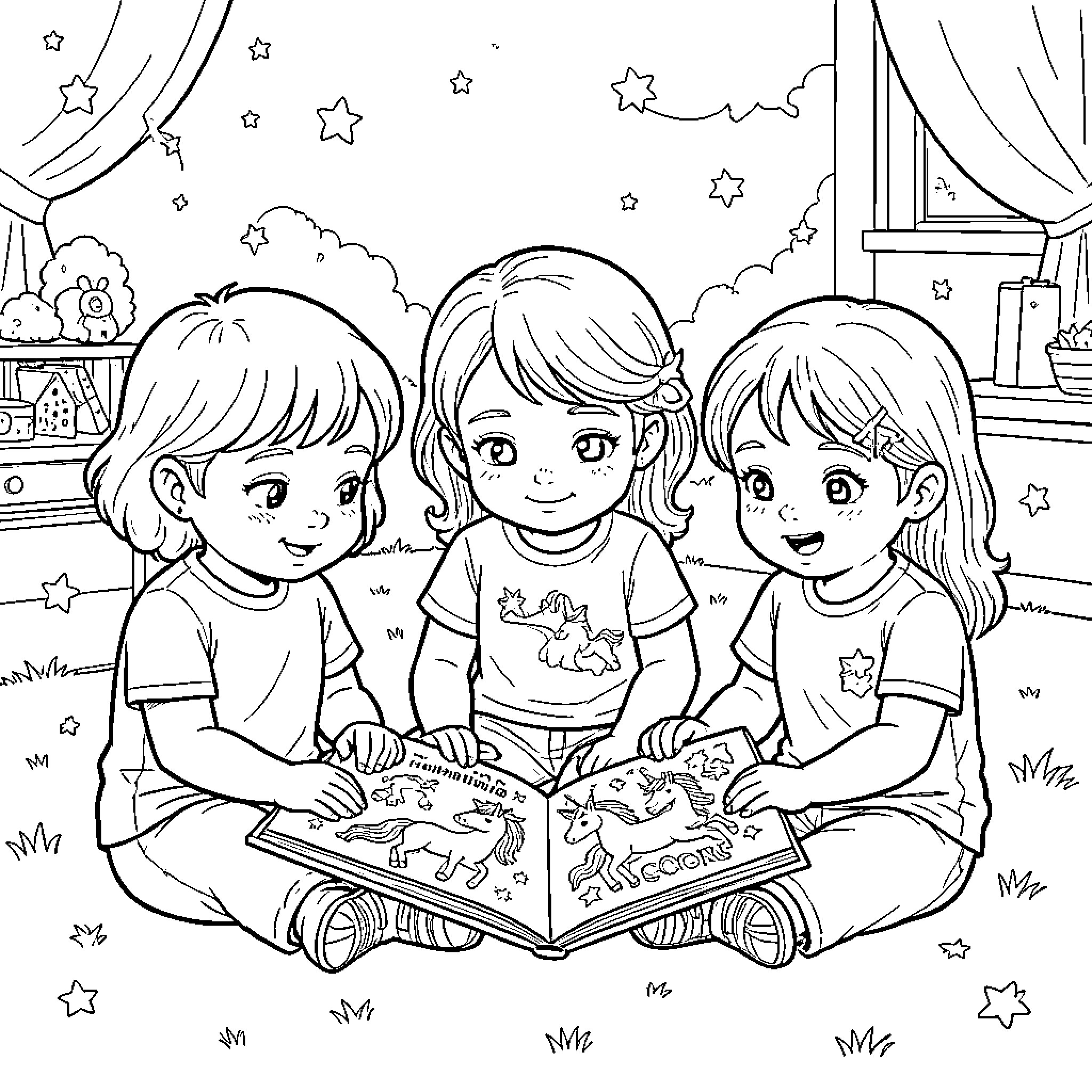 Unicorn themed shirts worn by girls reading a book Coloring Page (free black-and-white line drawing printable PDF for all, from beginners to advanced learners, including children, teens, adults, and seniors)