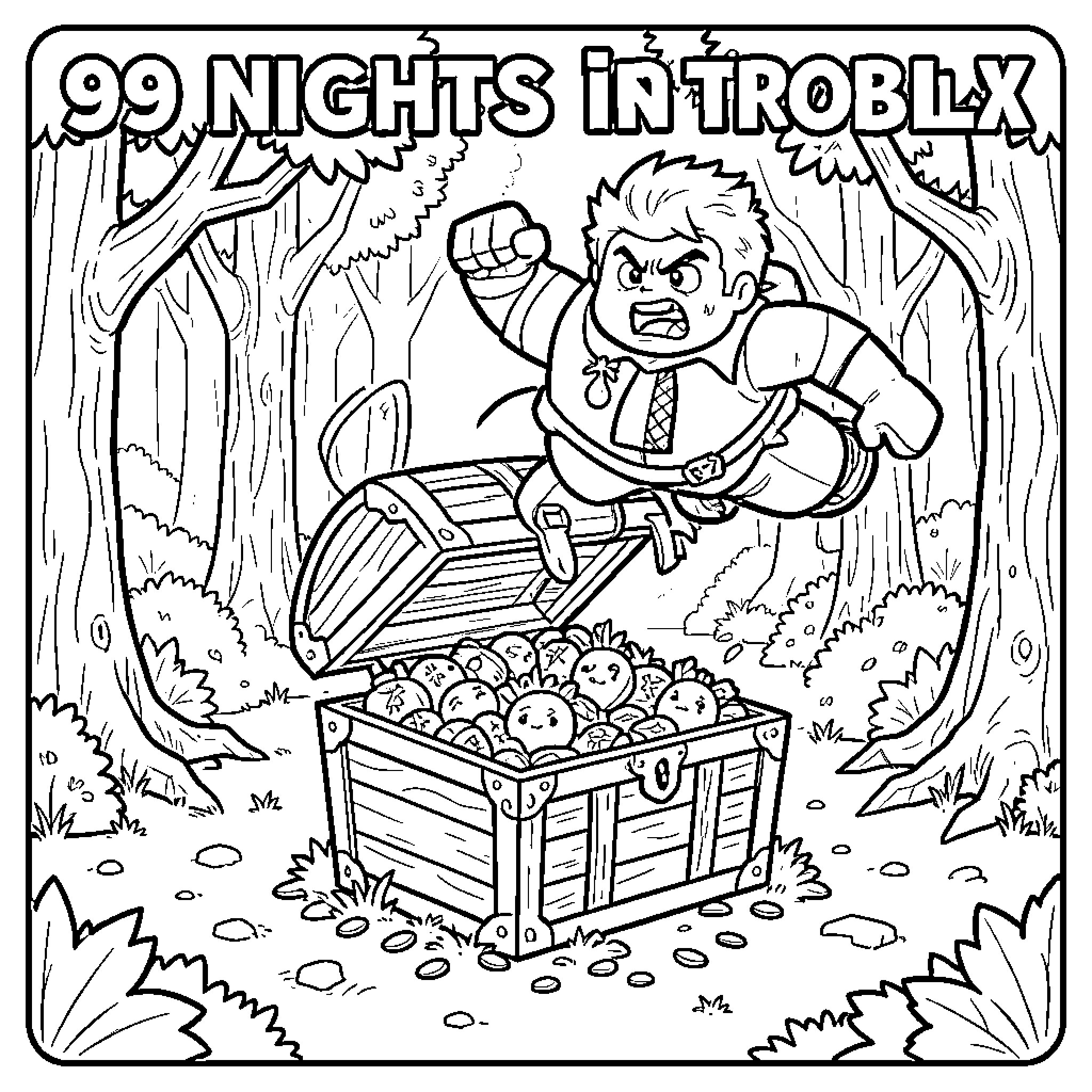 Jumper leaping over a treasure chest in the woods Coloring Page (free black-and-white line drawing printable PDF for all, from beginners to advanced learners, including children, teens, adults, and seniors)