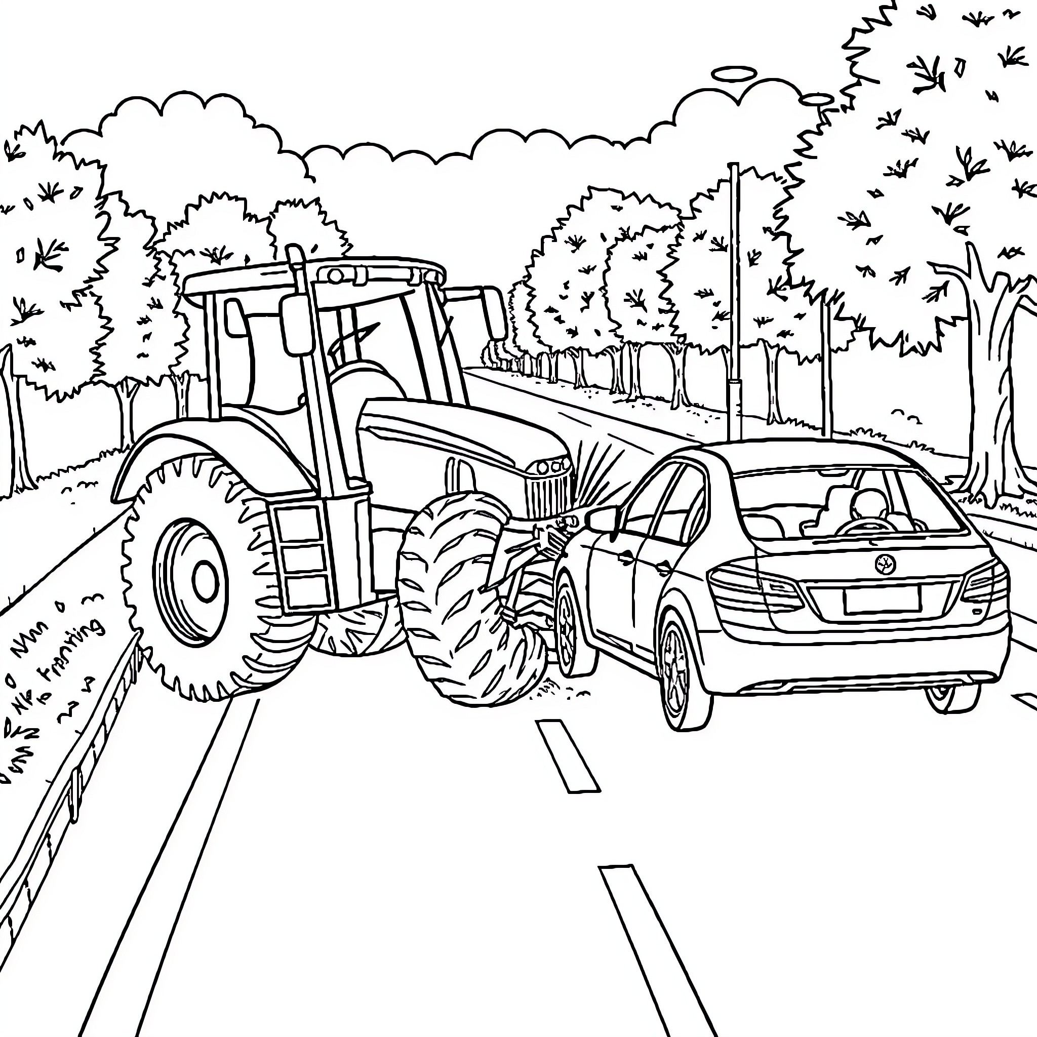 Tractor driving on a road through a forest Coloring Page (free black-and-white line drawing printable PDF for all, from beginners to advanced learners, including children, teens, adults, and seniors)