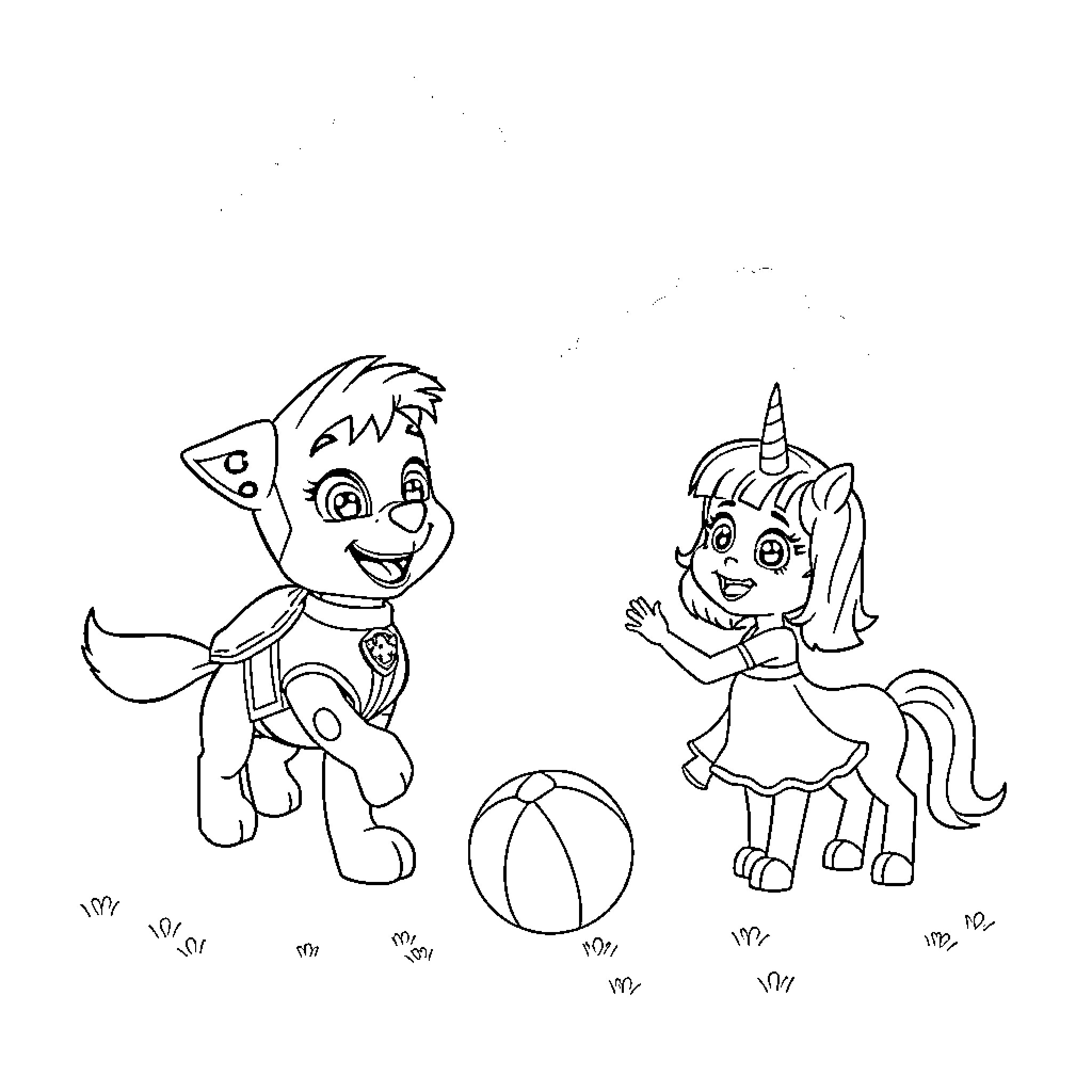 Sky friends at play with ball and cheer Coloring Page (free black-and-white line drawing printable PDF for all, from beginners to advanced learners, including children, teens, adults, and seniors)