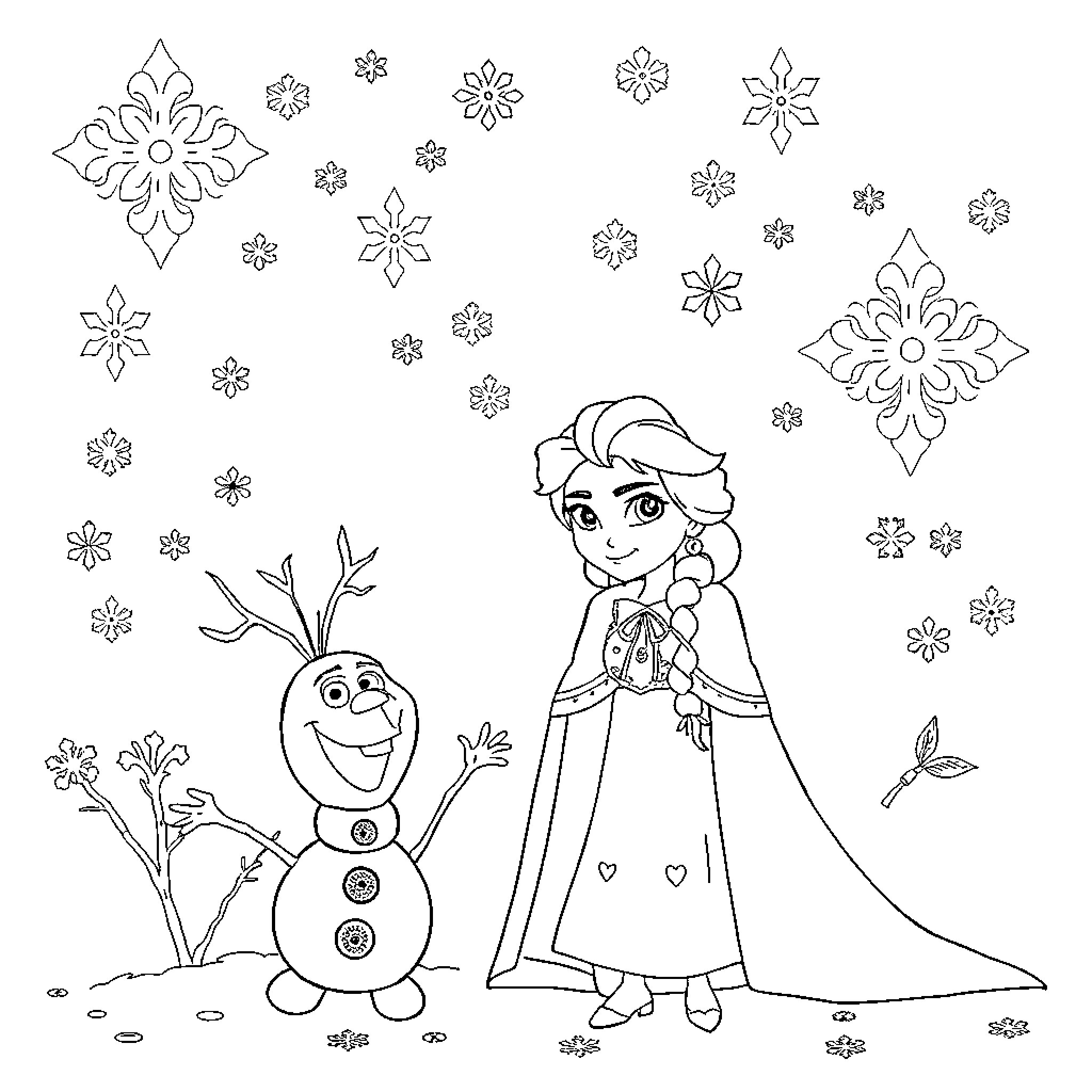 Frozen characters in a snowy scene Coloring Page (free black-and-white line drawing printable PDF for all, from beginners to advanced learners, including children, teens, adults, and seniors)