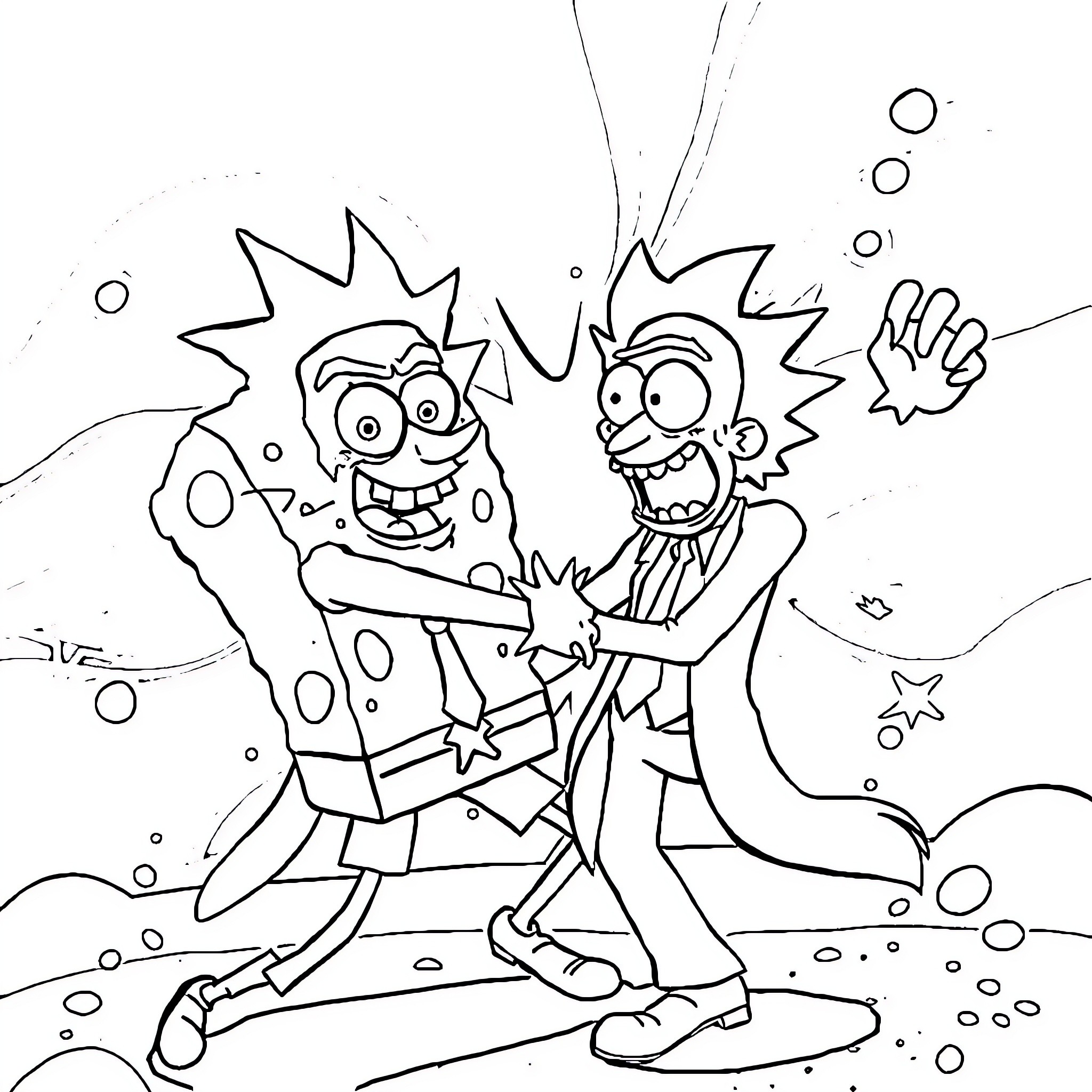 Spongebob and Patrick in a playful underwater adventure Coloring Page (free black-and-white line drawing printable PDF for all, from beginners to advanced learners, including children, teens, adults, and seniors)