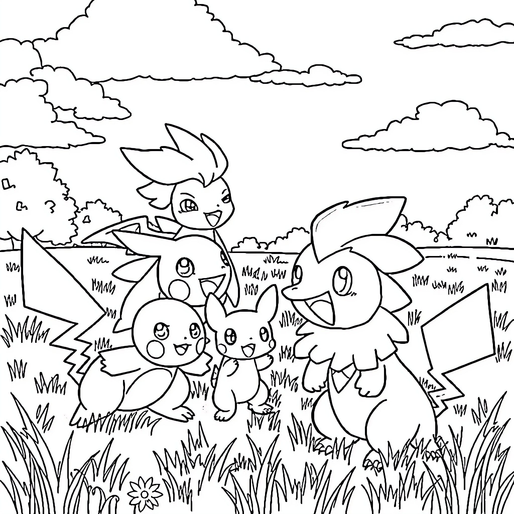 Pokémon characters in a natural outdoor scene Coloring Page (free black-and-white line drawing printable PDF for all, from beginners to advanced learners, including children, teens, adults, and seniors)