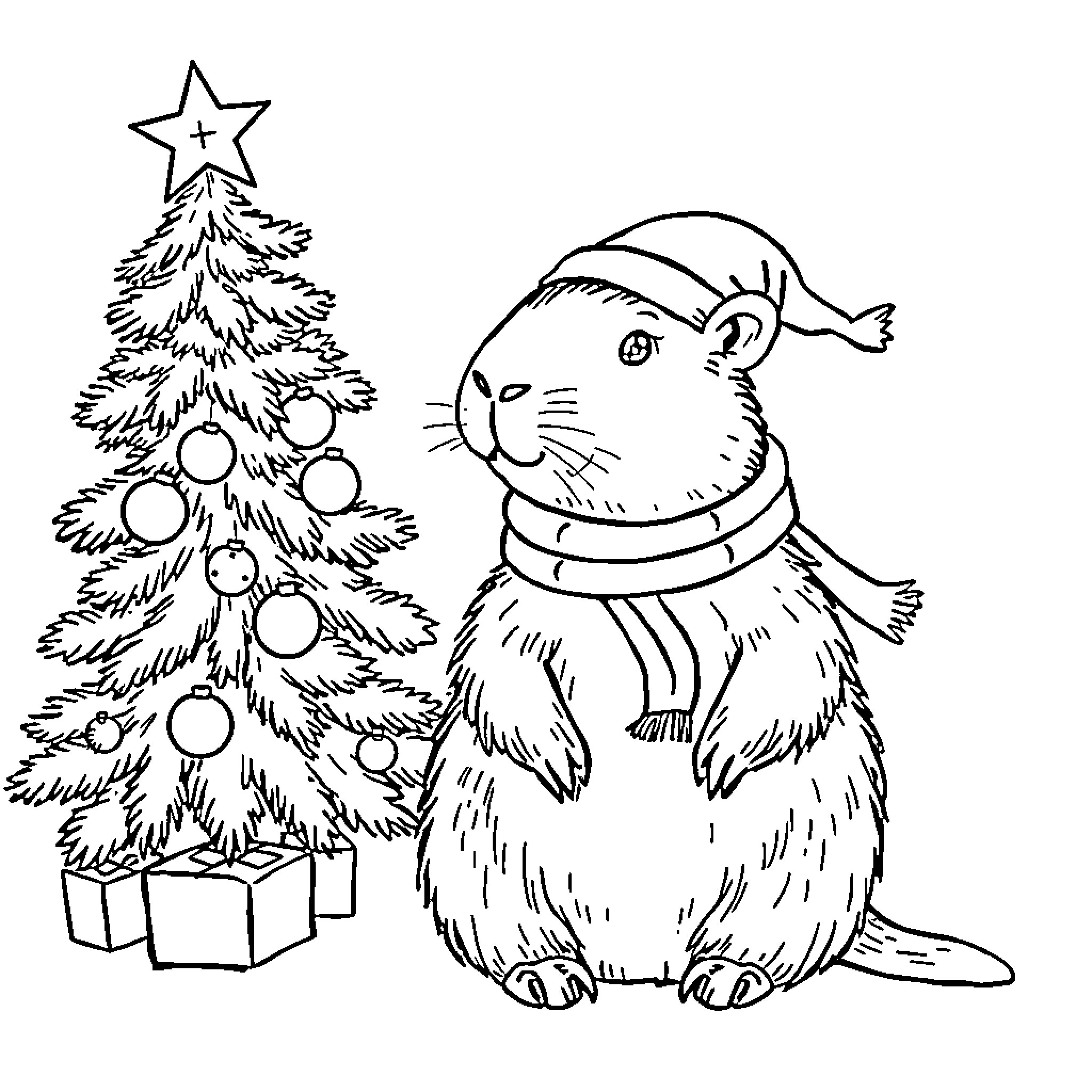 Capybara enjoying the festive season Coloring Page (free black-and-white line drawing printable PDF for all, from beginners to advanced learners, including children, teens, adults, and seniors)