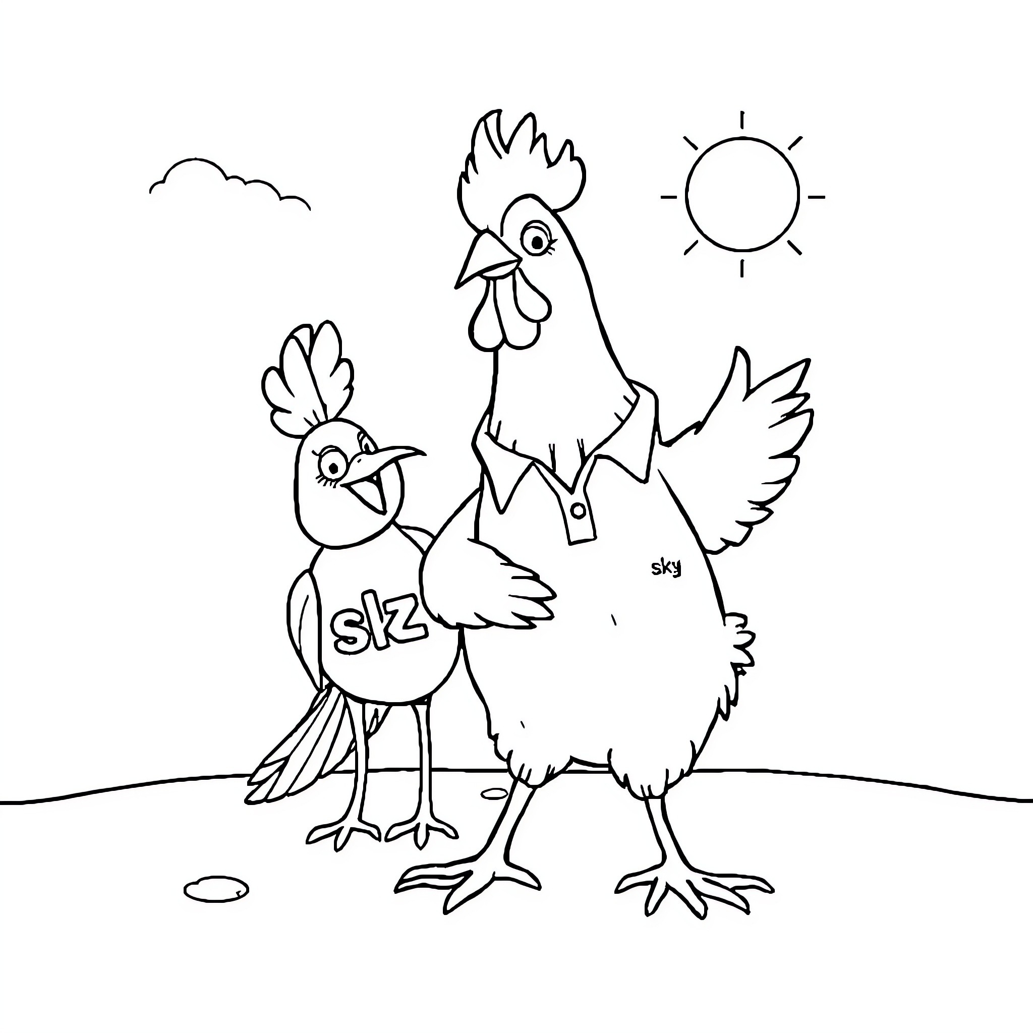 Pollo's Friendly Fowl Encounter Coloring Page (free black-and-white line drawing printable PDF for all, from beginners to advanced learners, including children, teens, adults, and seniors)