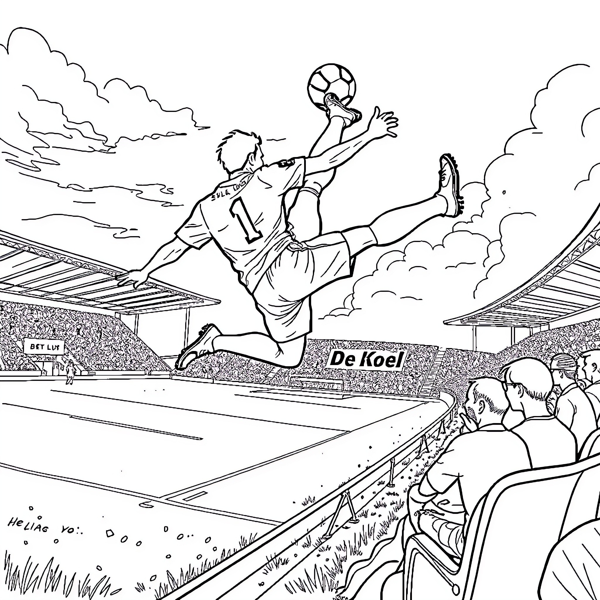 Soccer Player Leaping to Intercept Ball in Stadium Coloring Page (free black-and-white line drawing printable PDF for all, from beginners to advanced learners, including children, teens, adults, and seniors)