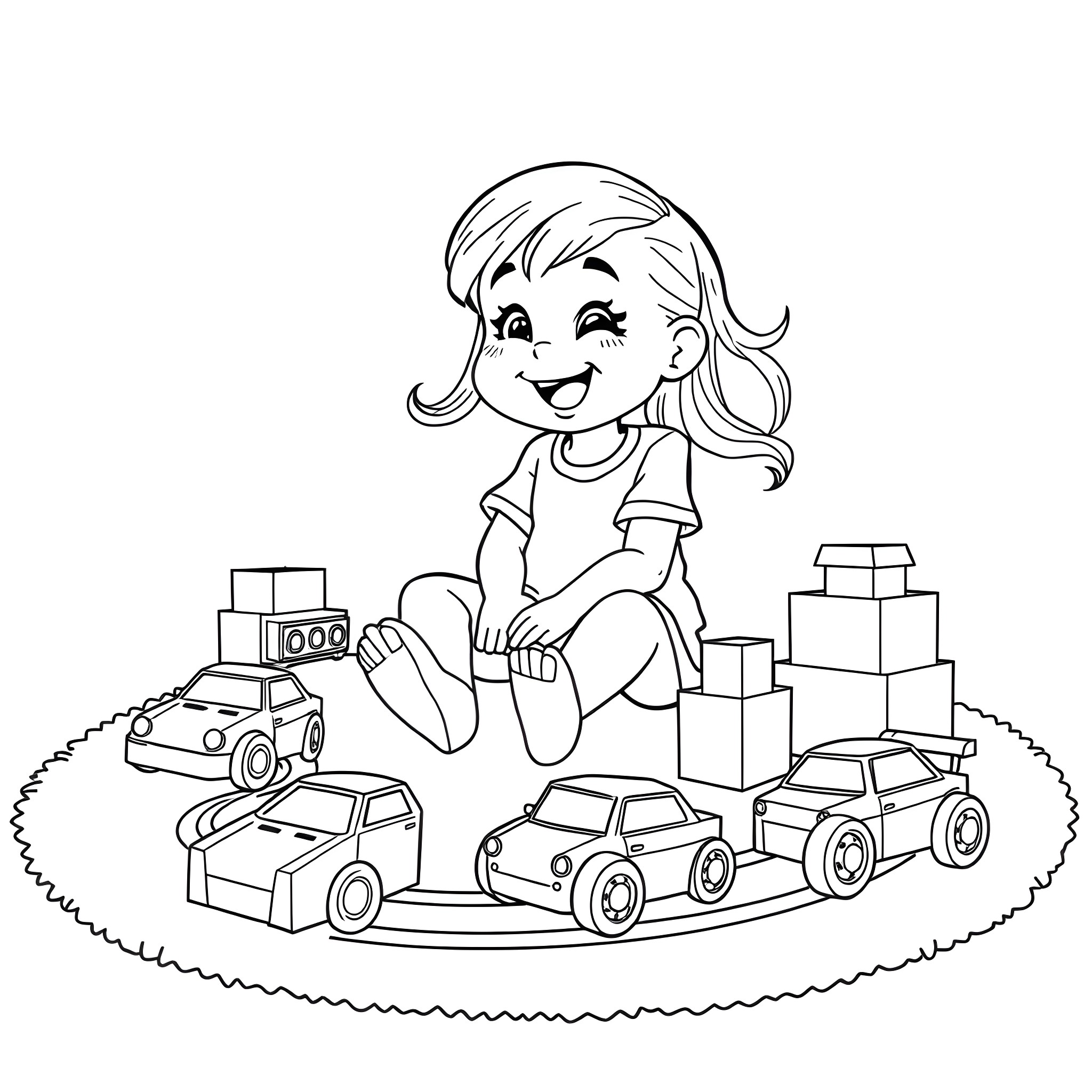 Bluey playing happily with toy cars and blocks Coloring Page (free black-and-white line drawing printable PDF for all, from beginners to advanced learners, including children, teens, adults, and seniors)