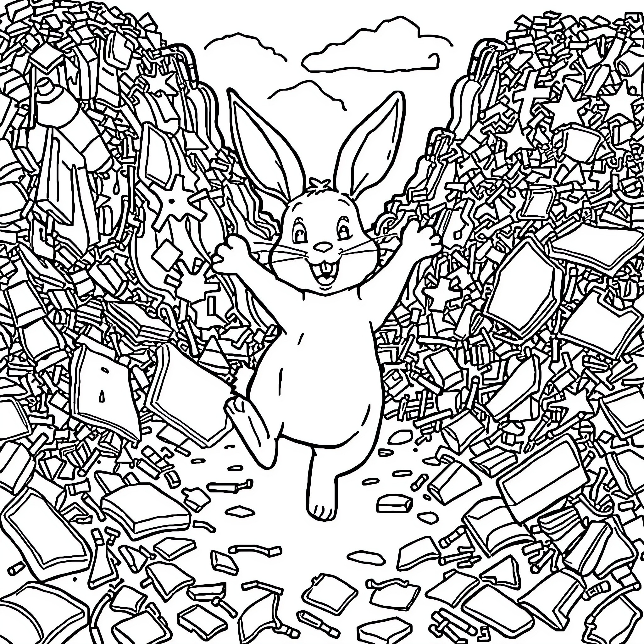 Rabbit exploring a shattered landscape Coloring Page (free black-and-white line drawing printable PDF for all, from beginners to advanced learners, including children, teens, adults, and seniors)