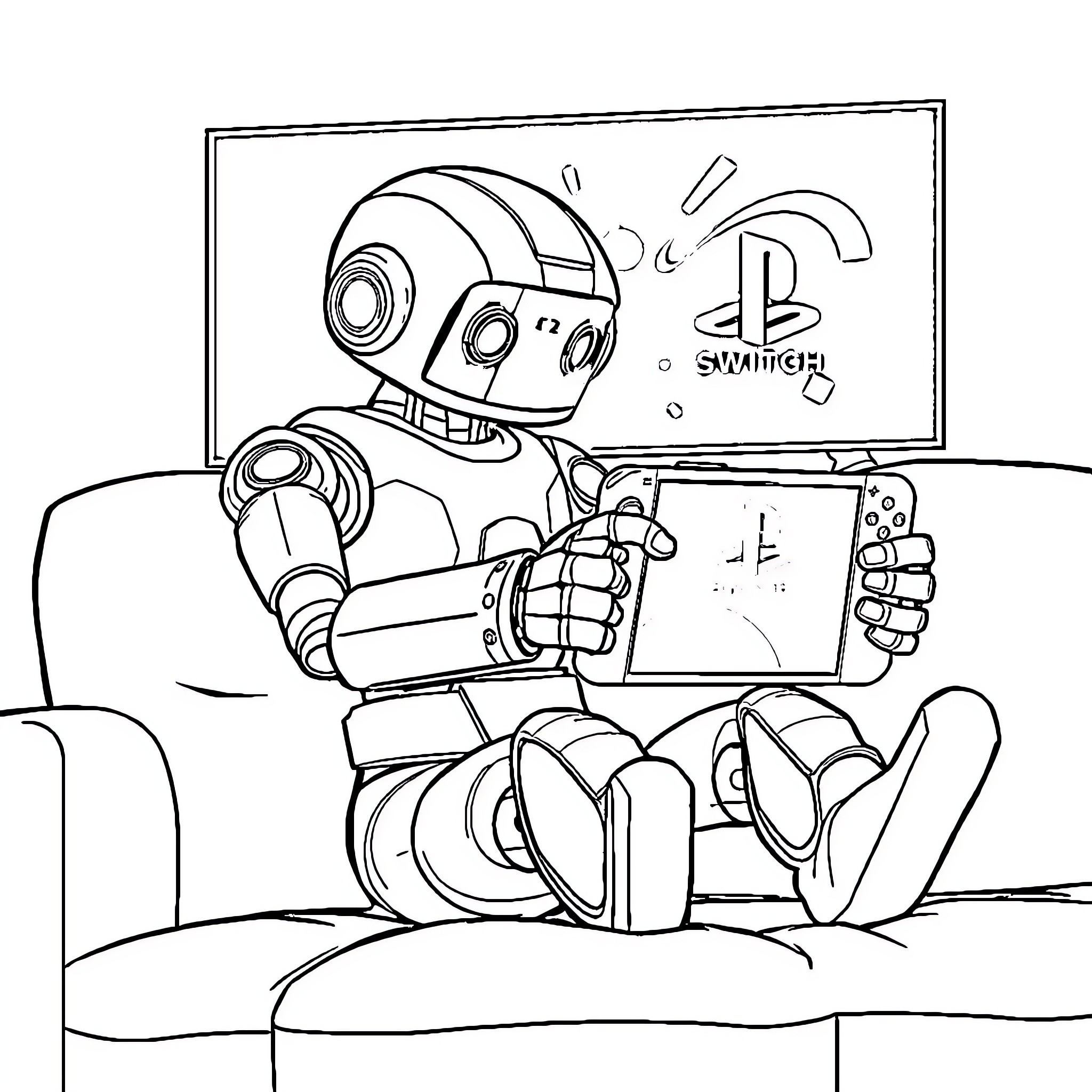 Robot playing video games on a sofa Coloring Page (free black-and-white line drawing printable PDF for all, from beginners to advanced learners, including children, teens, adults, and seniors)