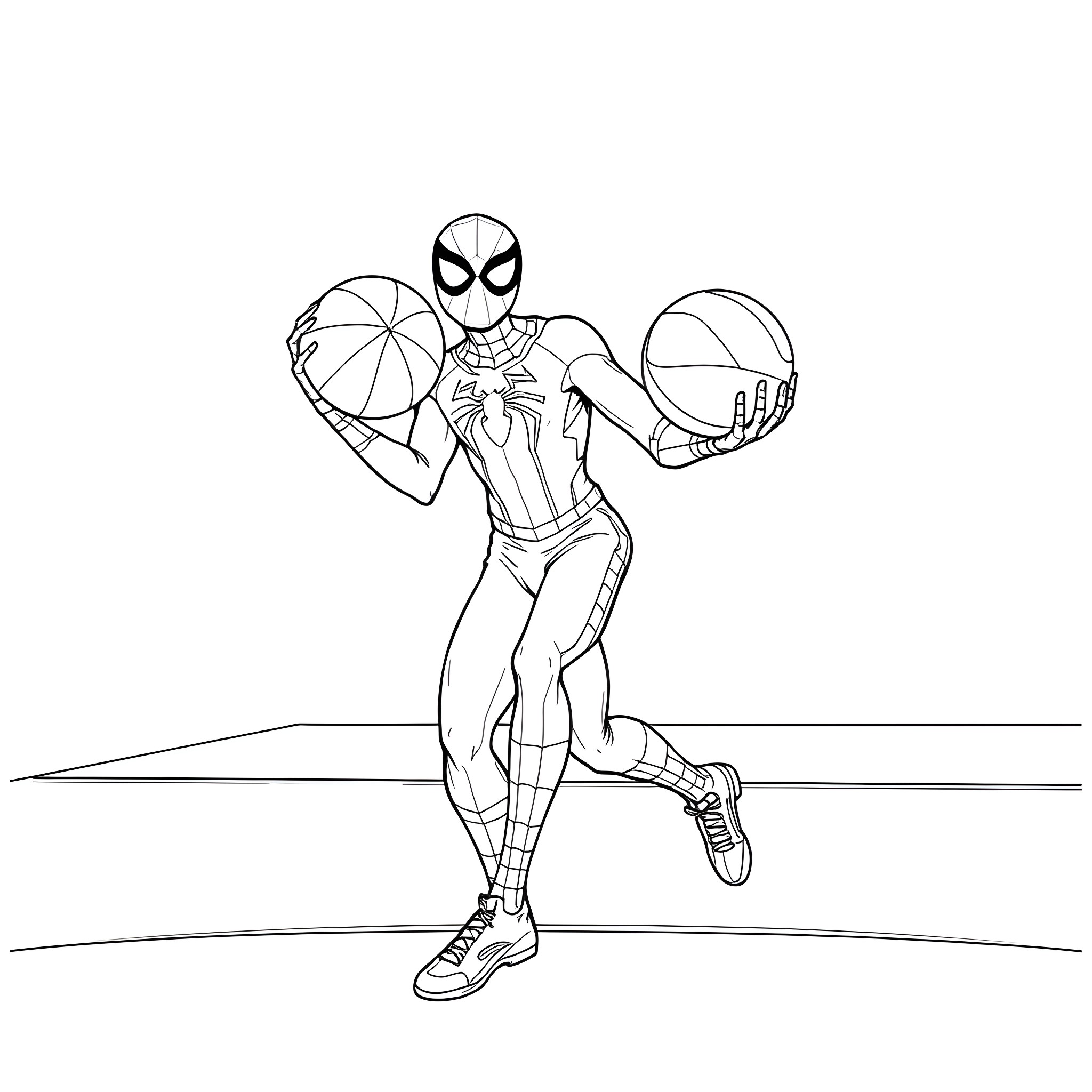 Spider-Man swinging with basketball and soccer ball Coloring Page (free black-and-white line drawing printable PDF for all, from beginners to advanced learners, including children, teens, adults, and seniors)