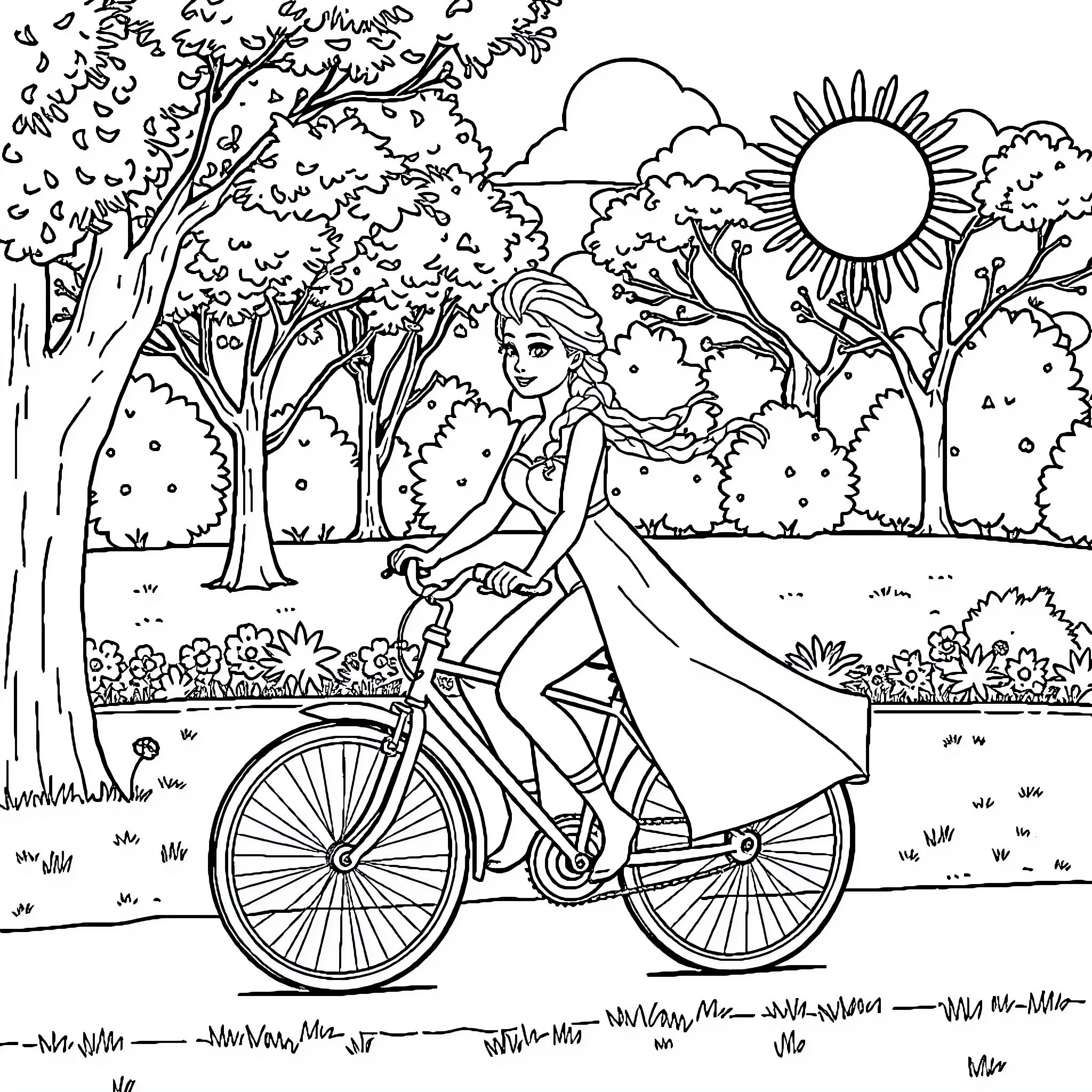 Elsa enjoys a sunny bike ride through the forest Coloring Page (free black-and-white line drawing printable PDF for all, from beginners to advanced learners, including children, teens, adults, and seniors)