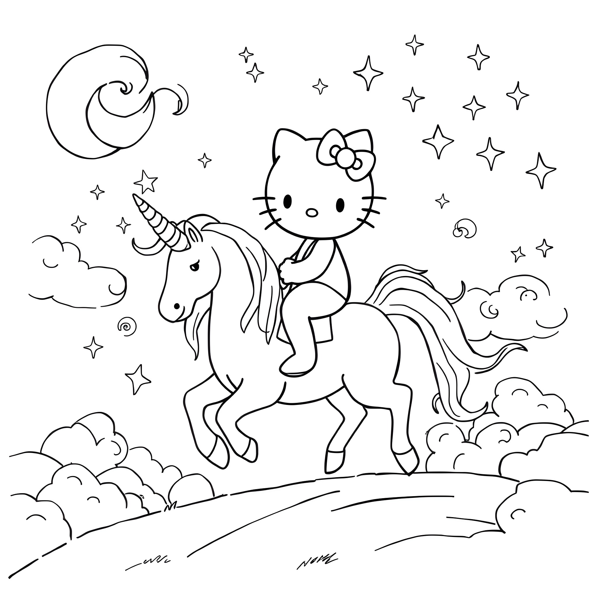 Hello Kitty riding a magical unicorn in the starry night Coloring Page (free black-and-white line drawing printable PDF for all, from beginners to advanced learners, including children, teens, adults, and seniors)