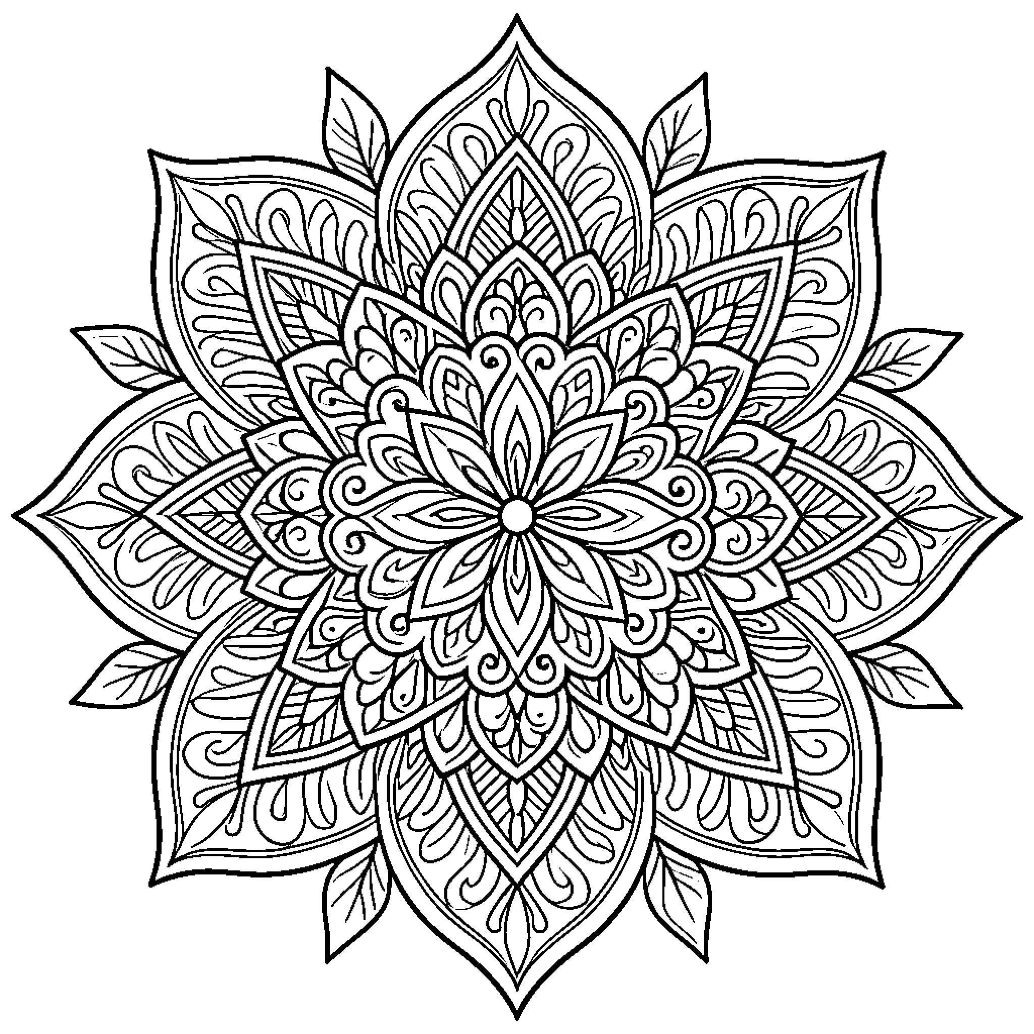 Eguzkilore - Intricate Floral Mandala Design Coloring Page (free black-and-white line drawing printable PDF for all, from beginners to advanced learners, including children, teens, adults, and seniors)
