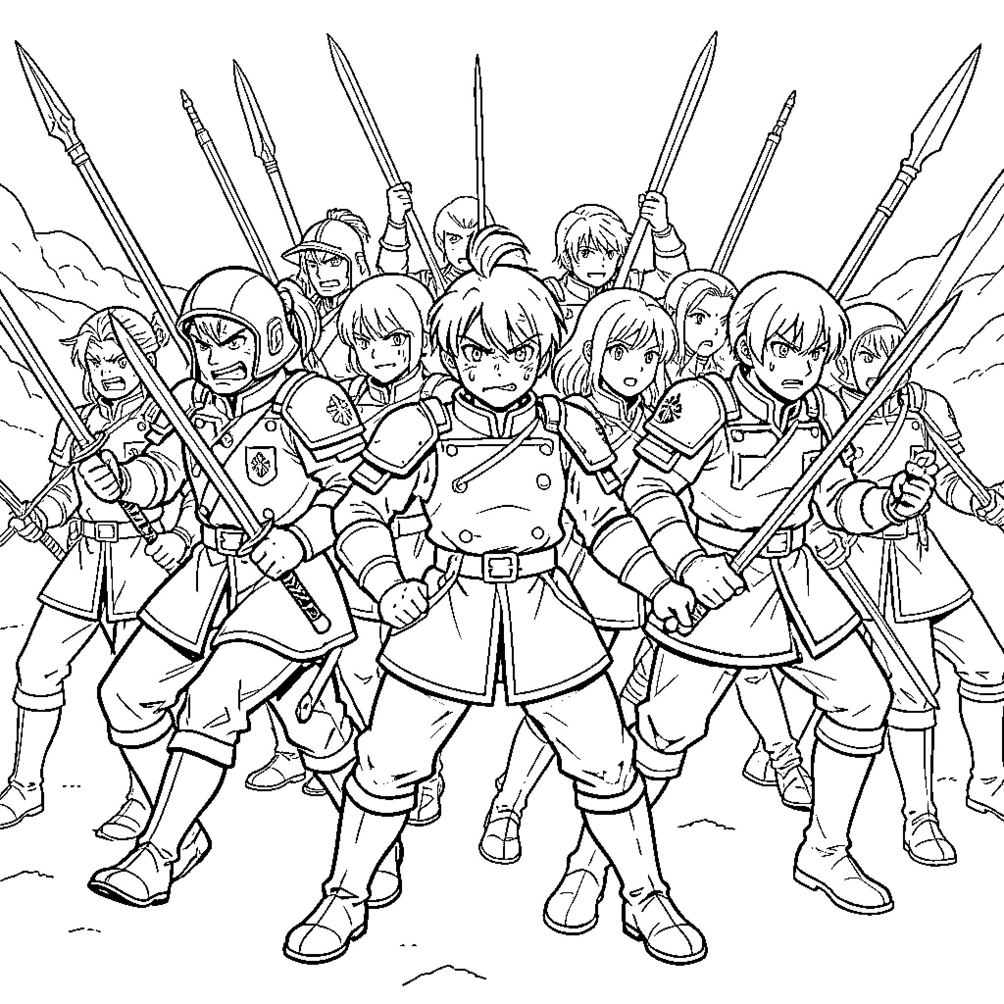 Soldier Troop Marching with Weapons and Gear Coloring Page (free black-and-white line drawing printable PDF for all, from beginners to advanced learners, including children, teens, adults, and seniors)