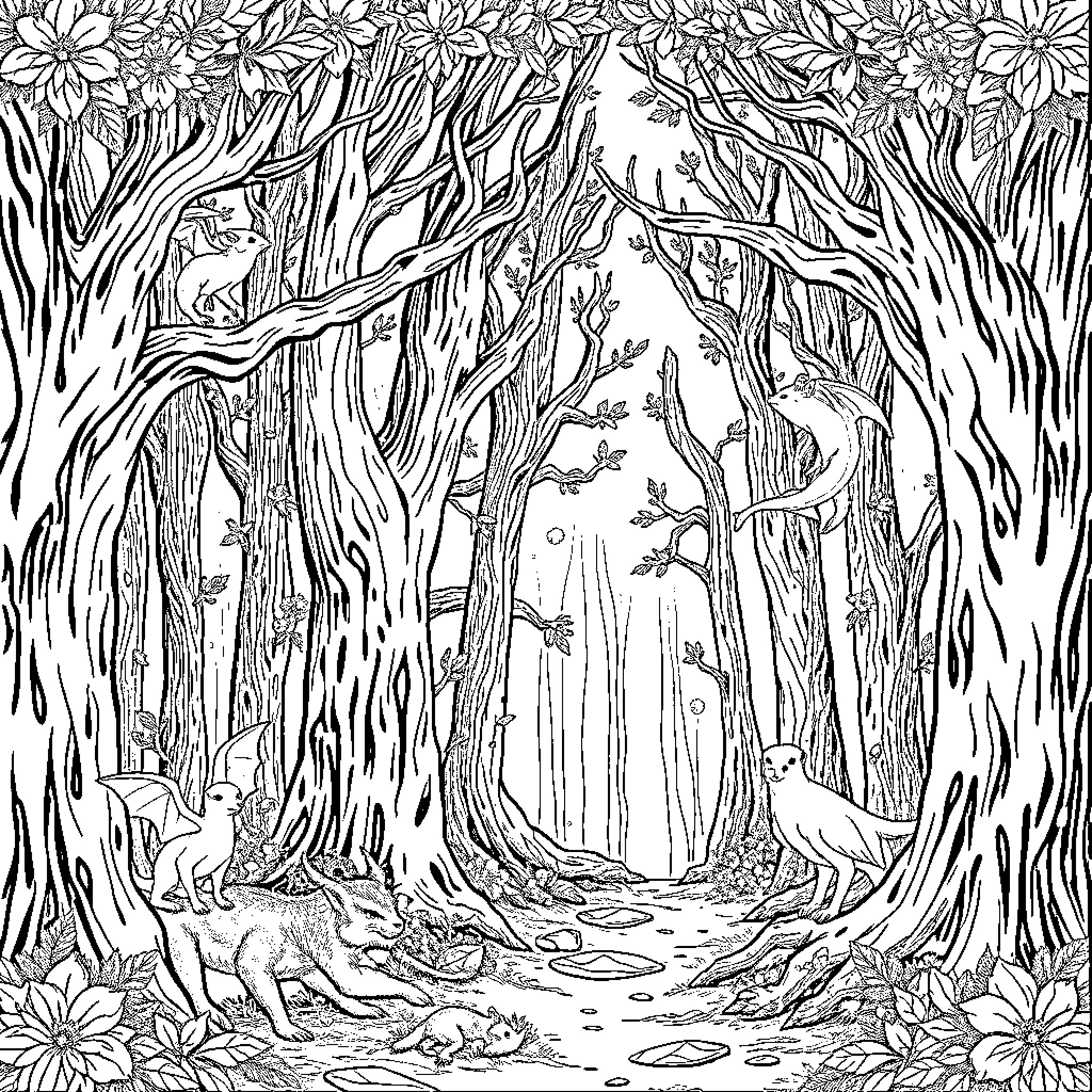 Wood Forest with Enchanting Wildlife Coloring Page (free black-and-white line drawing printable PDF for all, from beginners to advanced learners, including children, teens, adults, and seniors)