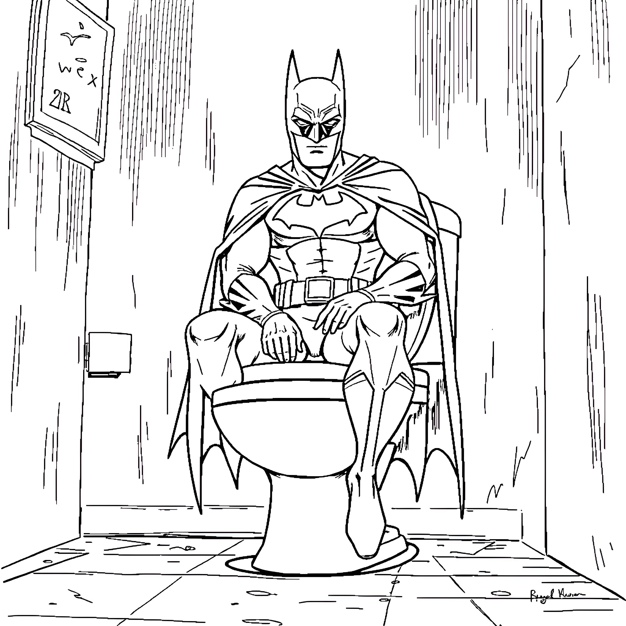 Batman sitting on a toilet in a dark alley Coloring Page (free black-and-white line drawing printable PDF for all, from beginners to advanced learners, including children, teens, adults, and seniors)