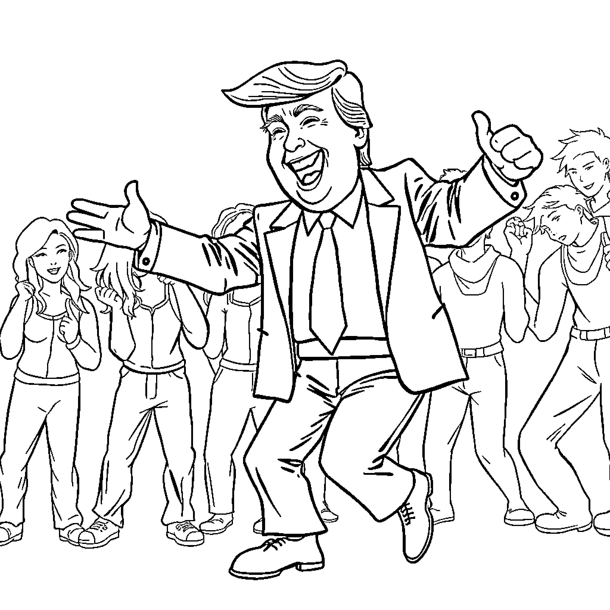 Donald Trump Celebrating with Supporters in a Crowd Coloring Page (free black-and-white line drawing printable PDF for all, from beginners to advanced learners, including children, teens, adults, and seniors)