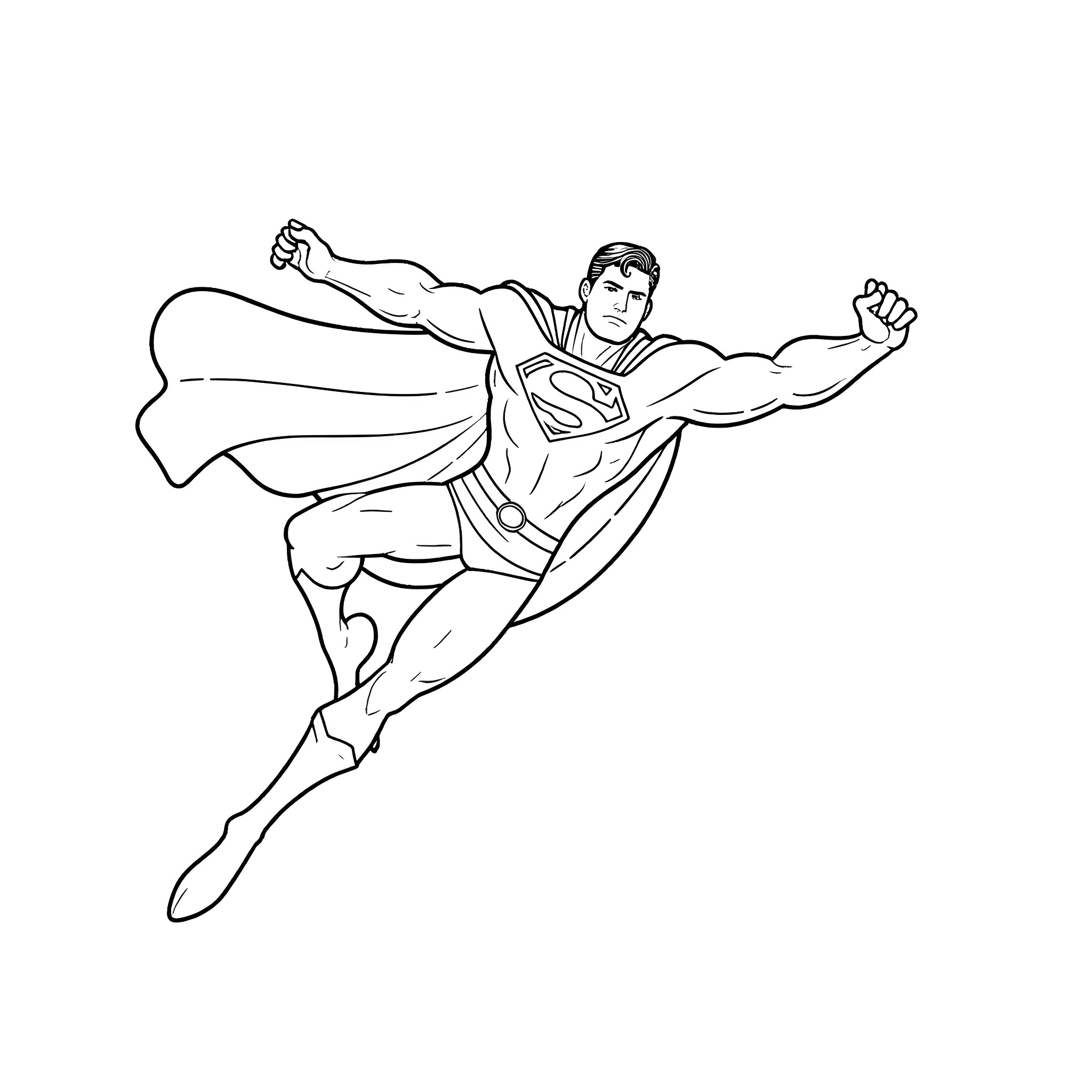 Superman heroically soaring through the sky Coloring Page (free black-and-white line drawing printable PDF for all, from beginners to advanced learners, including children, teens, adults, and seniors)
