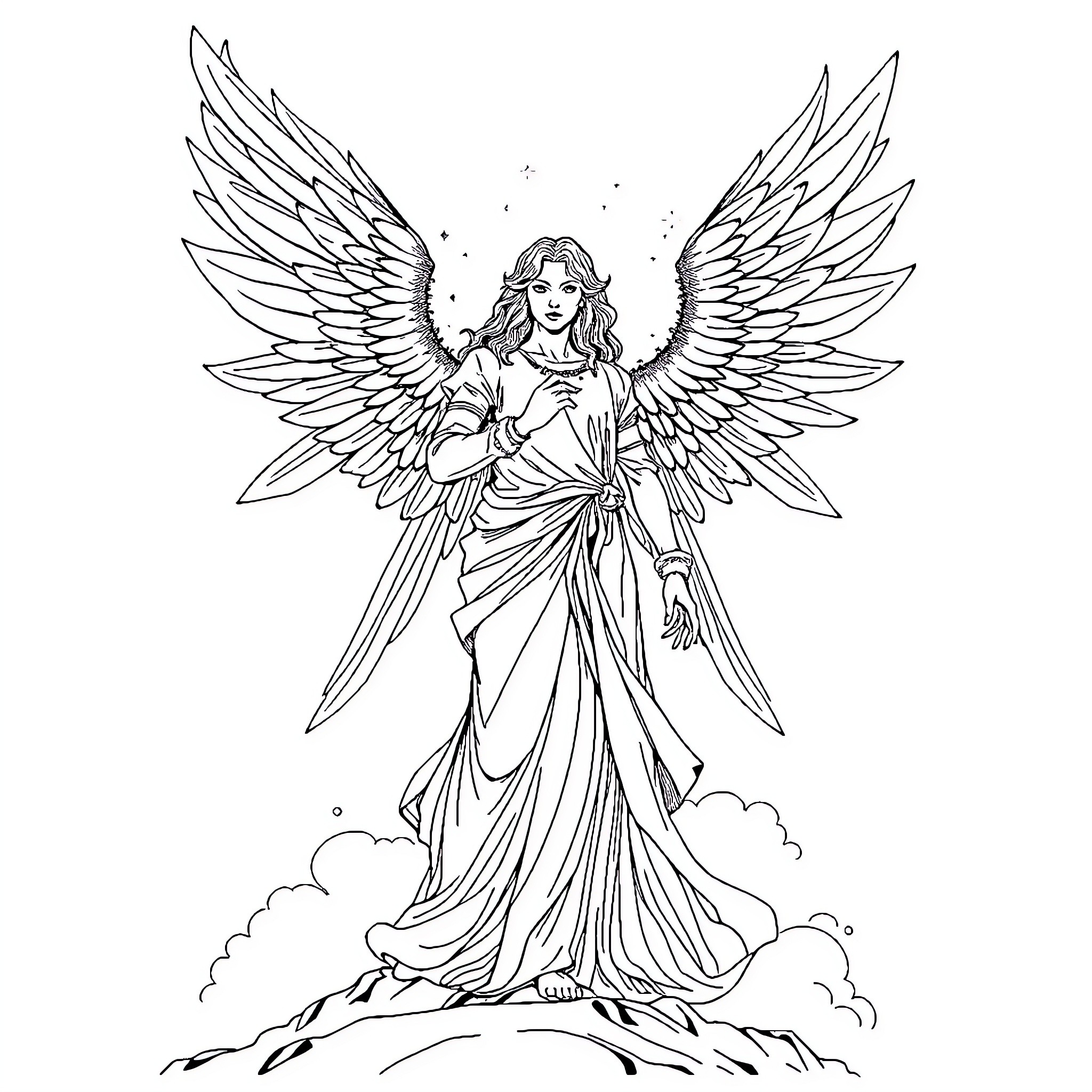 Archangel with Majestic Wings and Flowing Robes Coloring Page (free black-and-white line drawing printable PDF for all, from beginners to advanced learners, including children, teens, adults, and seniors)