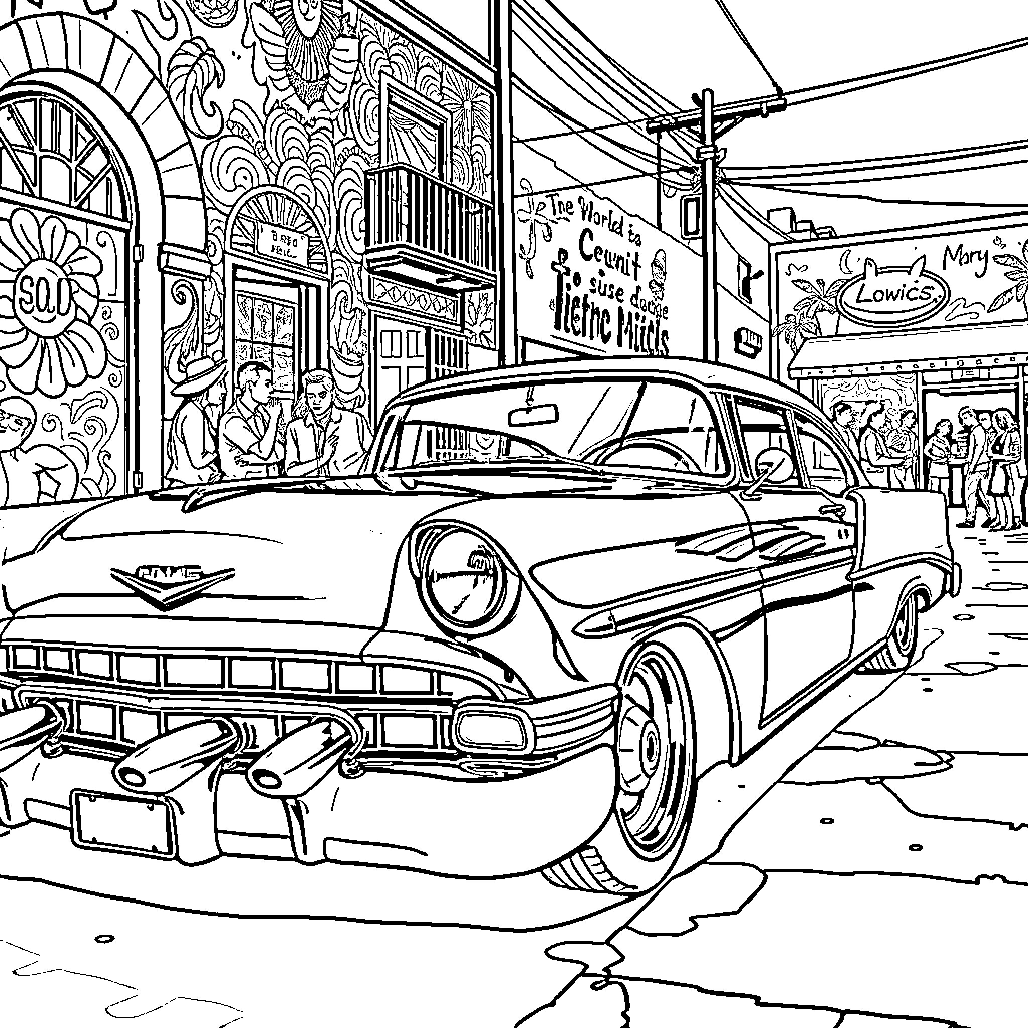 Lowrider Car Parked on Vibrant Street Coloring Page (free black-and-white line drawing printable PDF for all, from beginners to advanced learners, including children, teens, adults, and seniors)