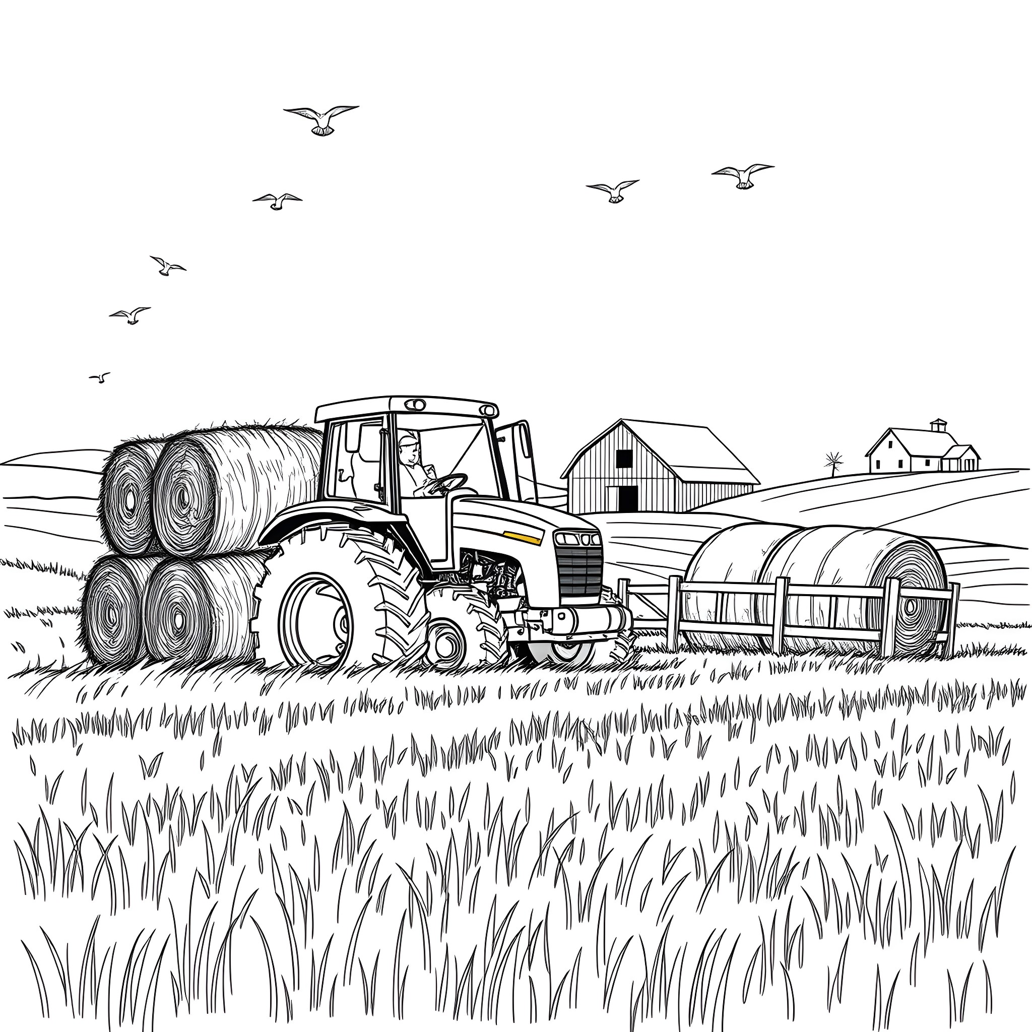 Bale Pickup on the Farm with Tractor and Barns Coloring Page (free black-and-white line drawing printable PDF for all, from beginners to advanced learners, including children, teens, adults, and seniors)