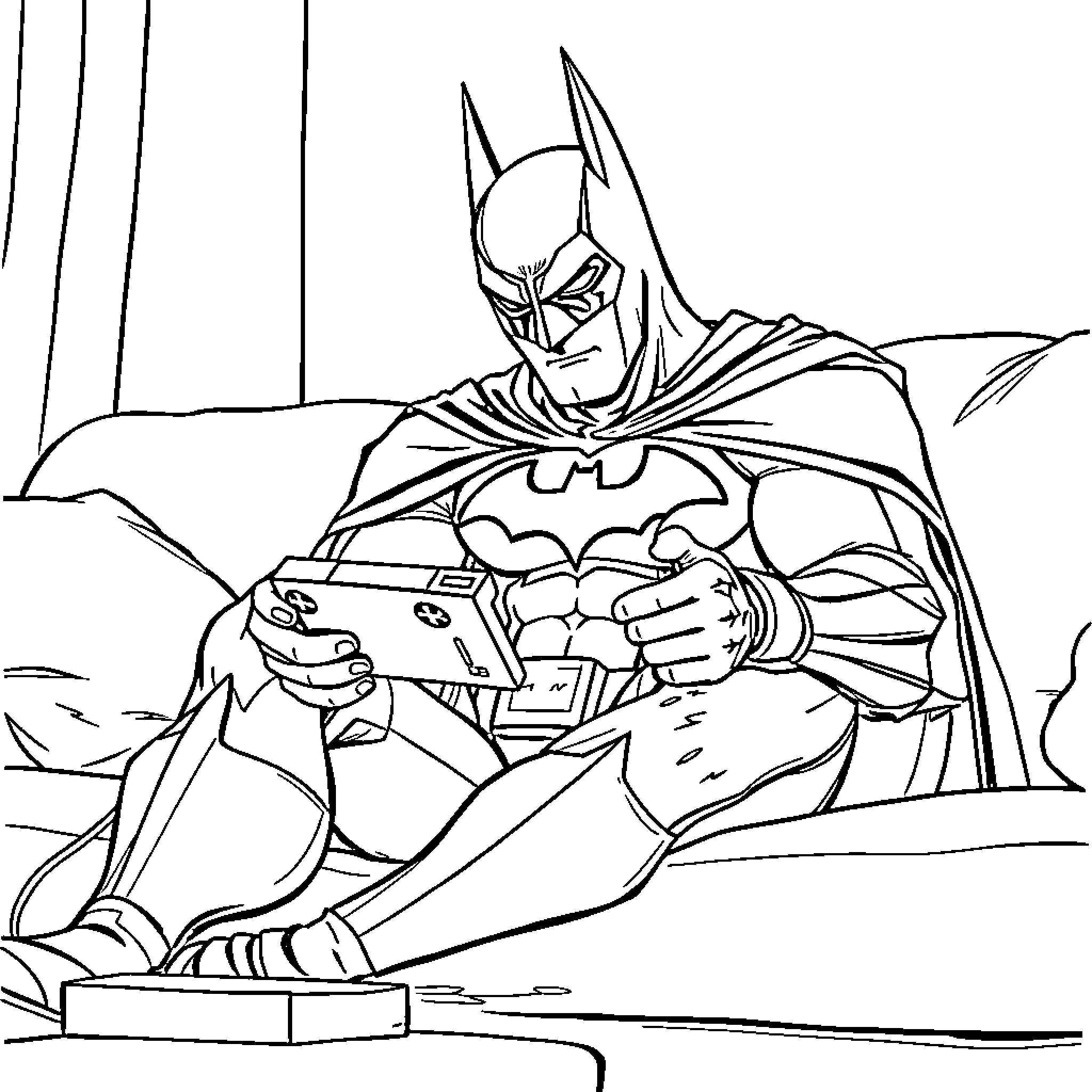 Batman playing video game during dark times Coloring Page (free black-and-white line drawing printable PDF for all, from beginners to advanced learners, including children, teens, adults, and seniors)
