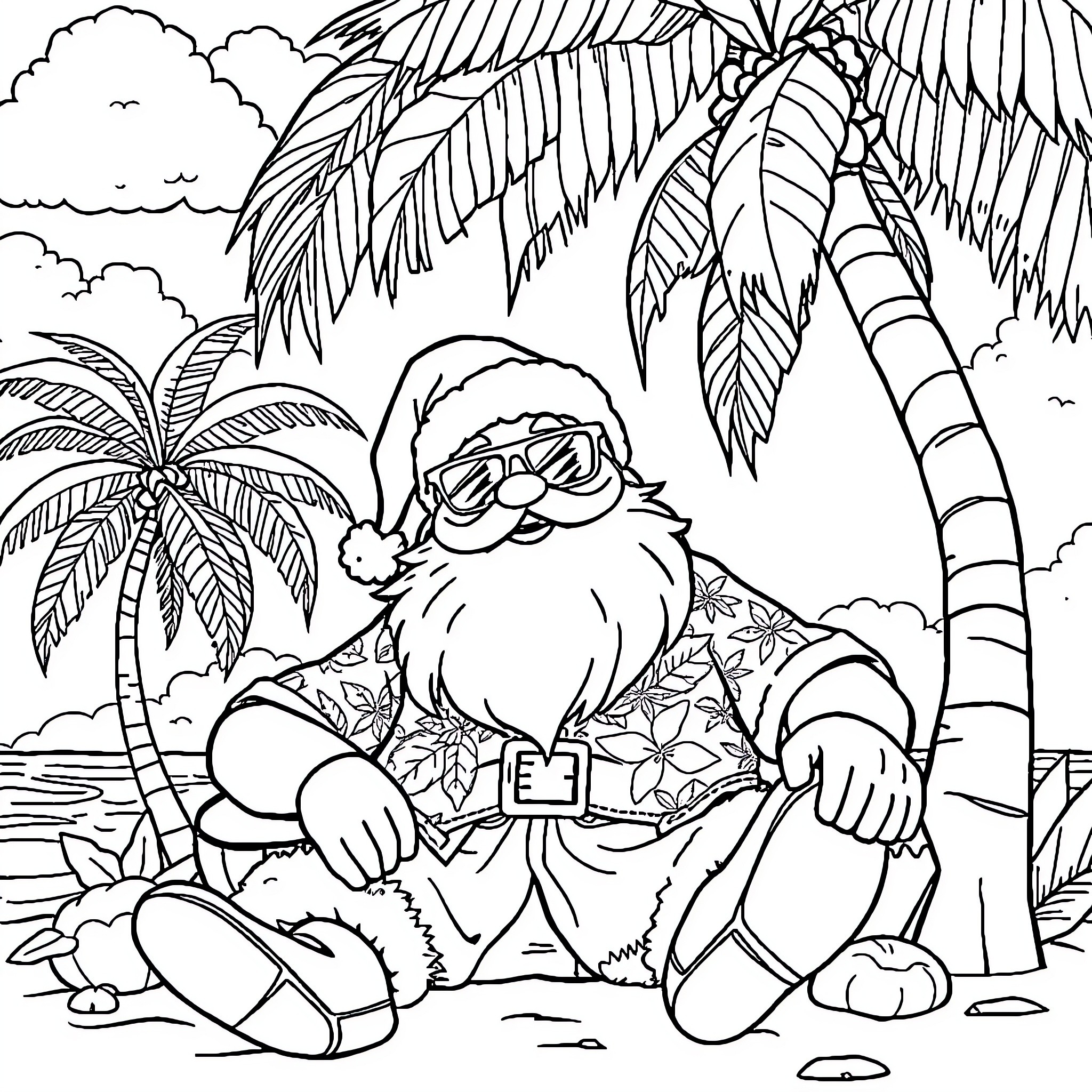 Santa Claus relaxing on a tropical beach Coloring Page (free black-and-white line drawing printable PDF for all, from beginners to advanced learners, including children, teens, adults, and seniors)