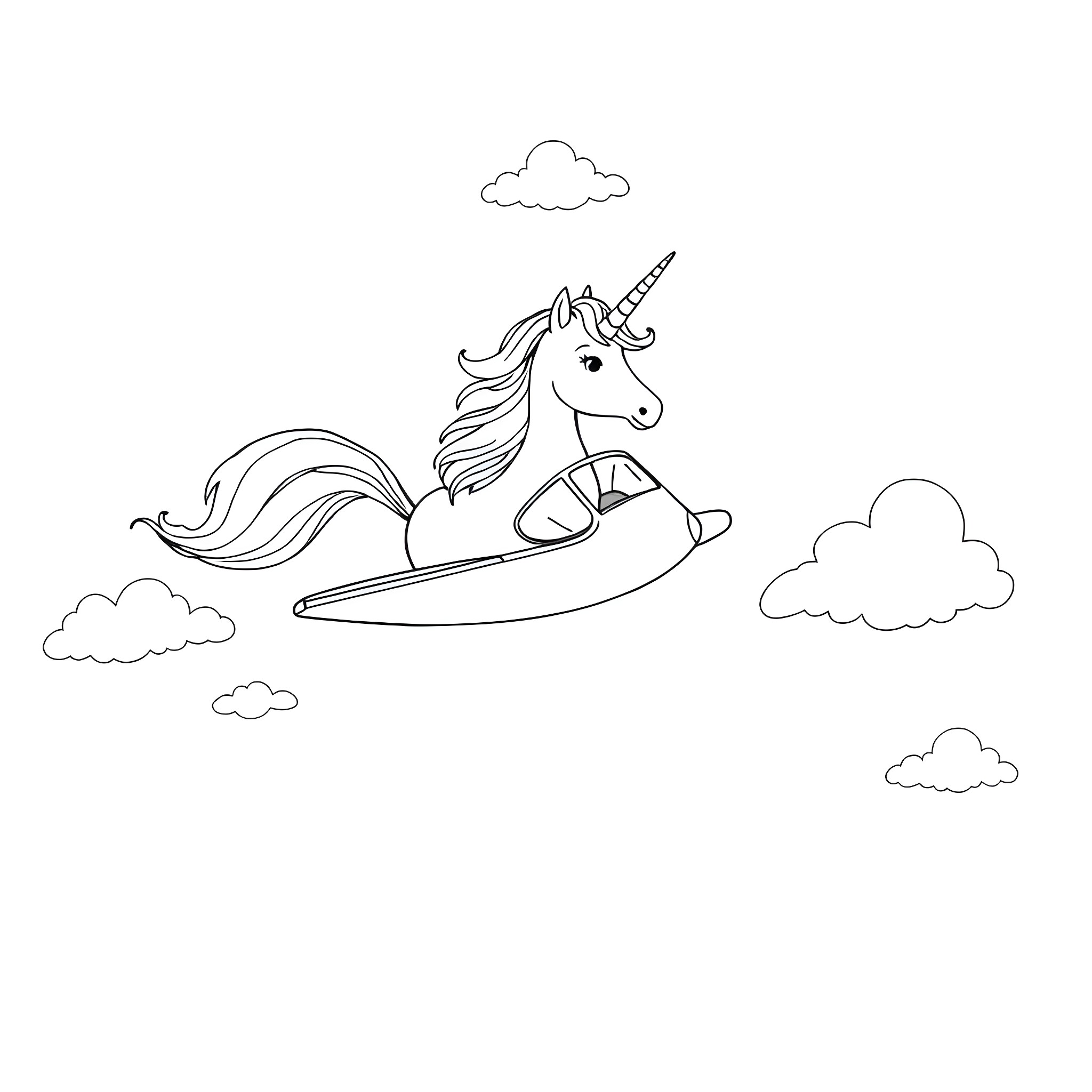 Unicorn riding a surfboard in the clouds Coloring Page (free black-and-white line drawing printable PDF for all, from beginners to advanced learners, including children, teens, adults, and seniors)