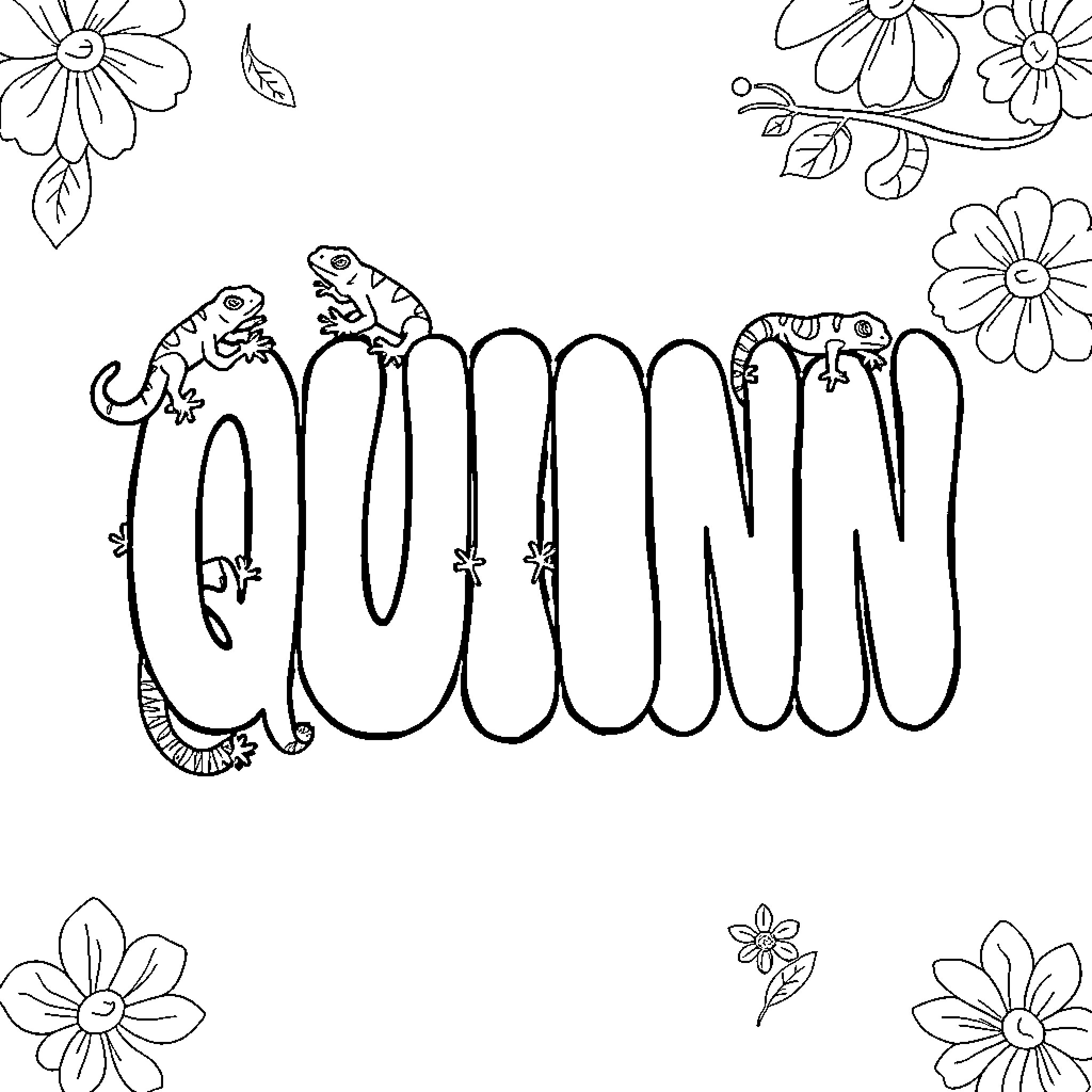 Quinn's Whimsical Floral Adventure Coloring Page (free black-and-white line drawing printable PDF for all, from beginners to advanced learners, including children, teens, adults, and seniors)