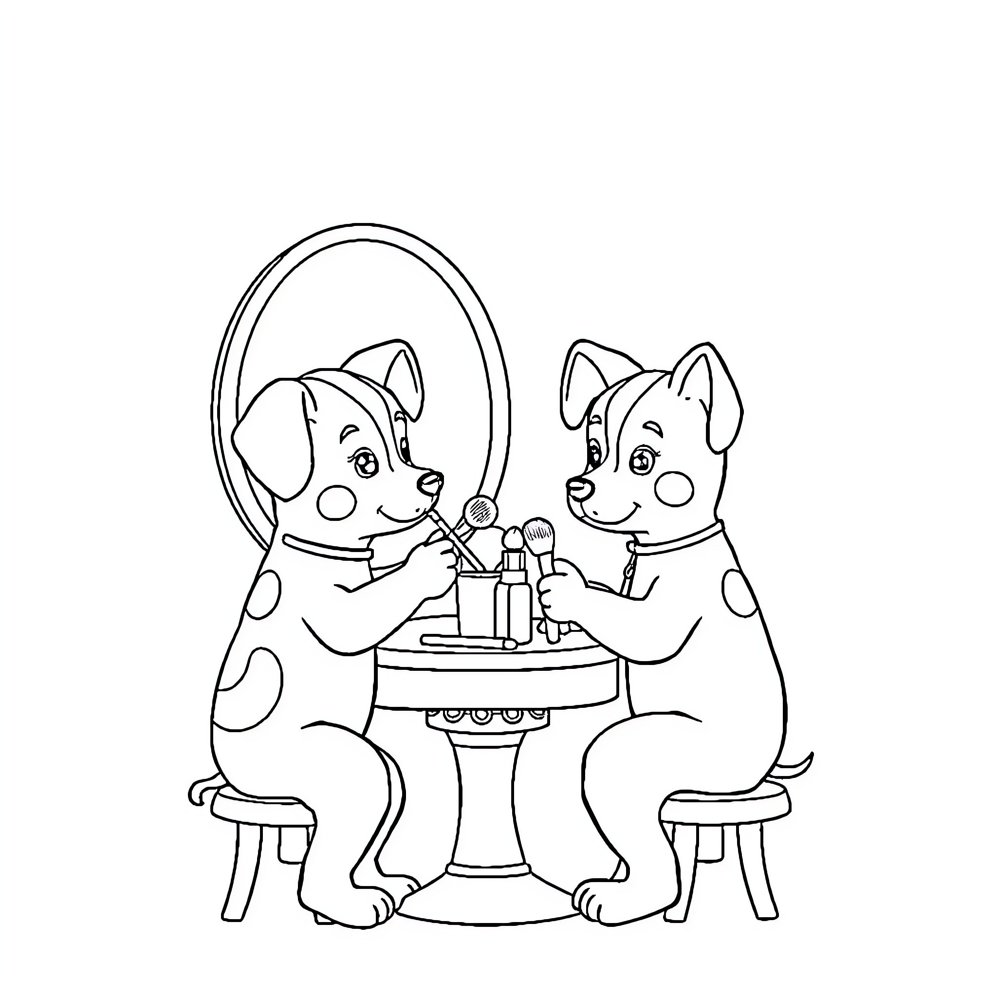 Dogs enjoying a meal together at the table Coloring Page (free black-and-white line drawing printable PDF for all, from beginners to advanced learners, including children, teens, adults, and seniors)